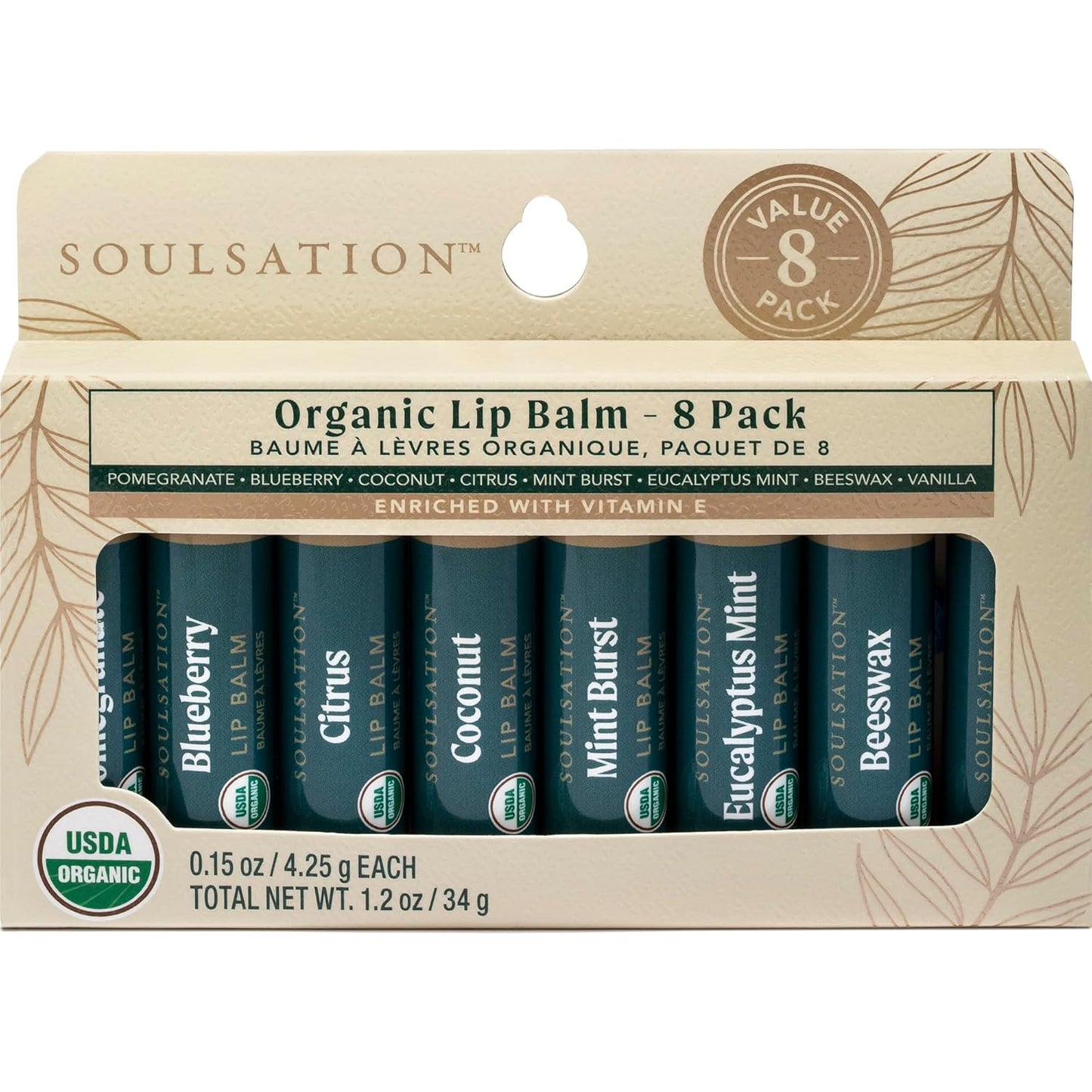 Organic Lip Balm Set, 8 Flavors - Moisturizing for Cracked & Dry Lips, For Men & Women