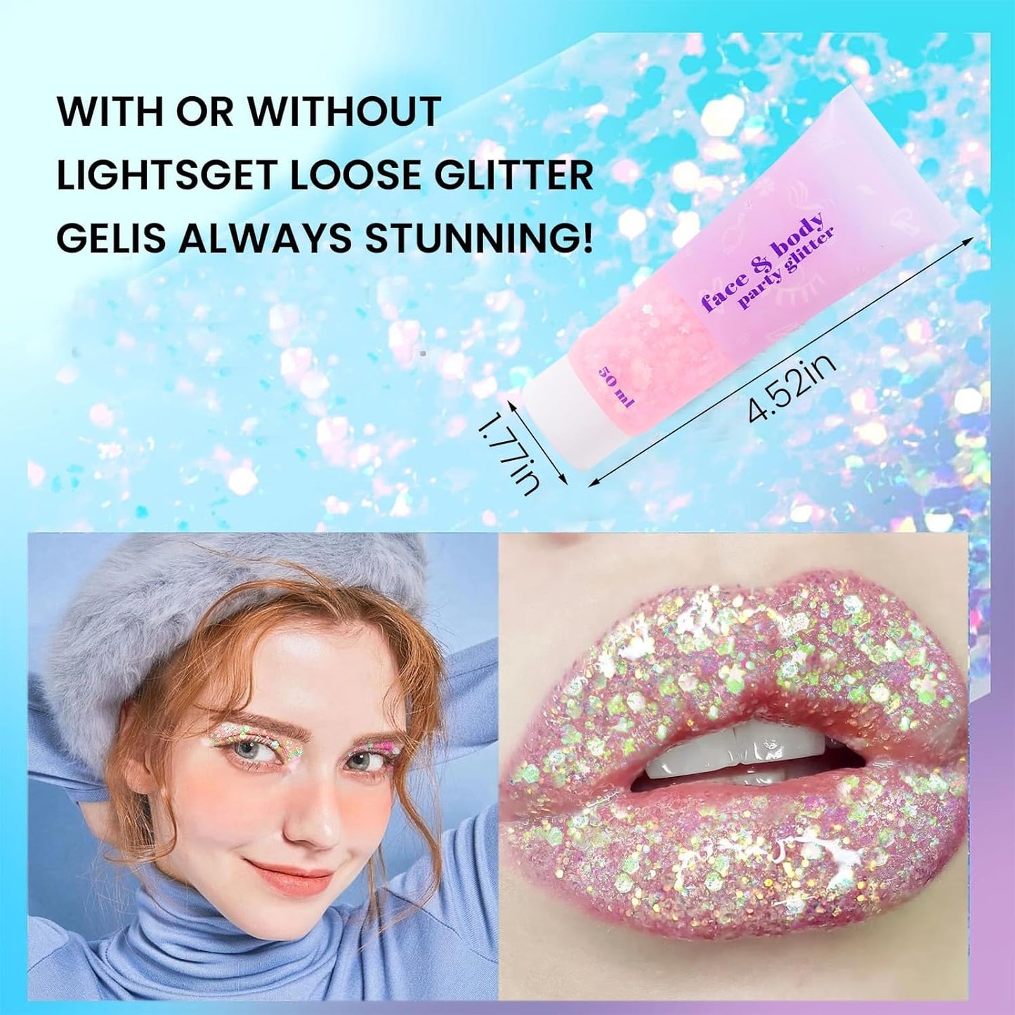 DAGEDA Body Glitter Gel, Face Glitters Body Gel Sequins Shimmer Liquid Eyeshadow, Chunky Glitter for Face Hair Nails, Holographic Cosmetic Laser Powder Festival Glitter Makeup 1.7oz (Light Pink)