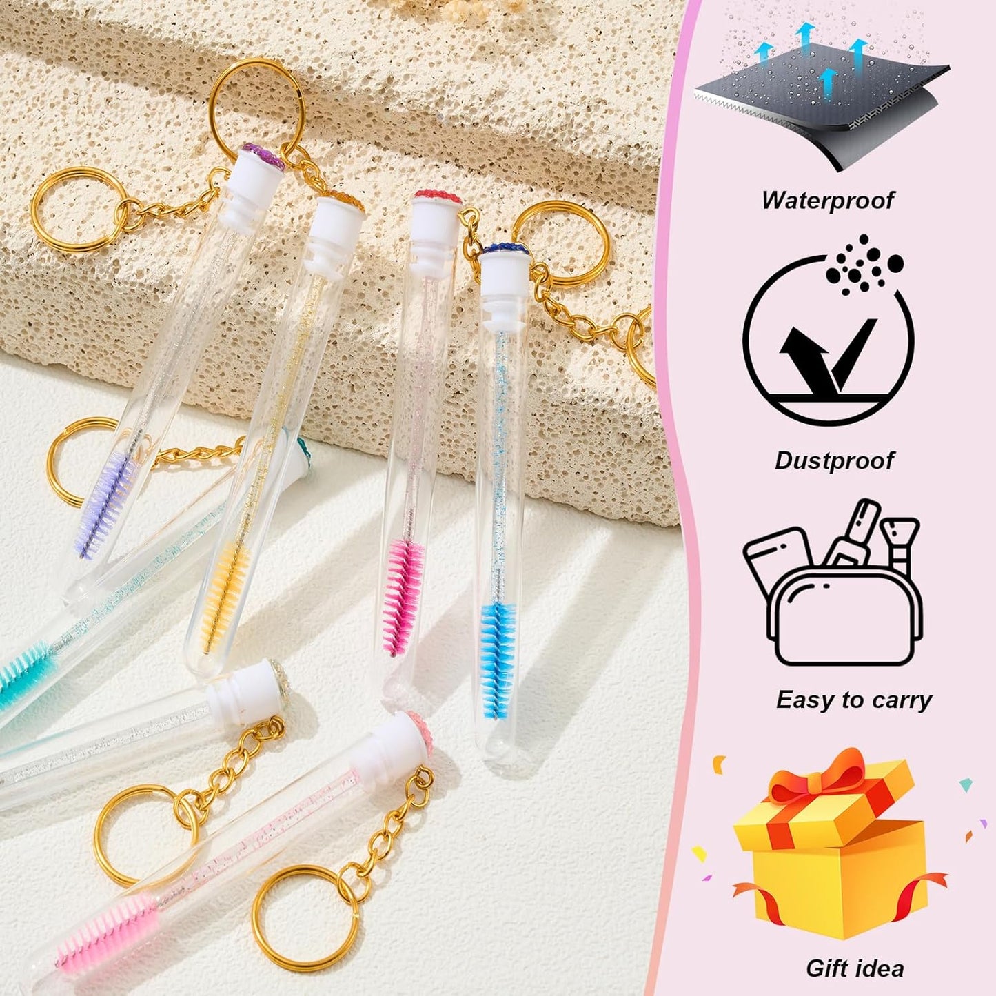 Upgrade 48 Pieces Disposable Mascara Wands Set, Include 24 Pcs Crystal Lash Spoolies Brush and 24 Pcs Reusable Keychain Empty Eyelash Brush Tubes