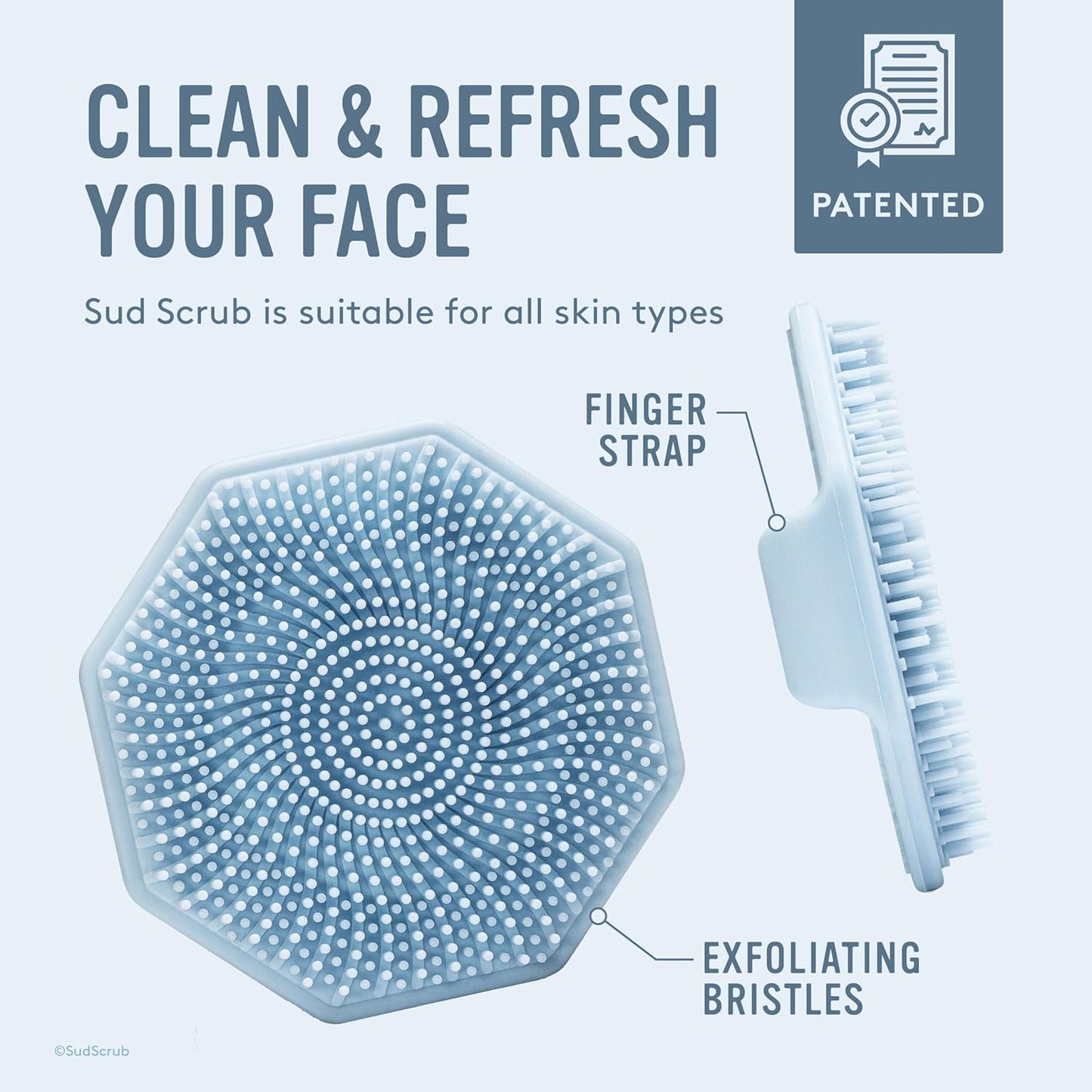 Sud Scrub® Antimicrobial Silicone Face Scrubber, 1 Pack, Gentle Face Exfoliator for Sensitive Skin, Eco Friendly Facial Cleansing Brush, Exfoliating Face Brush for Men and Women (Blue)