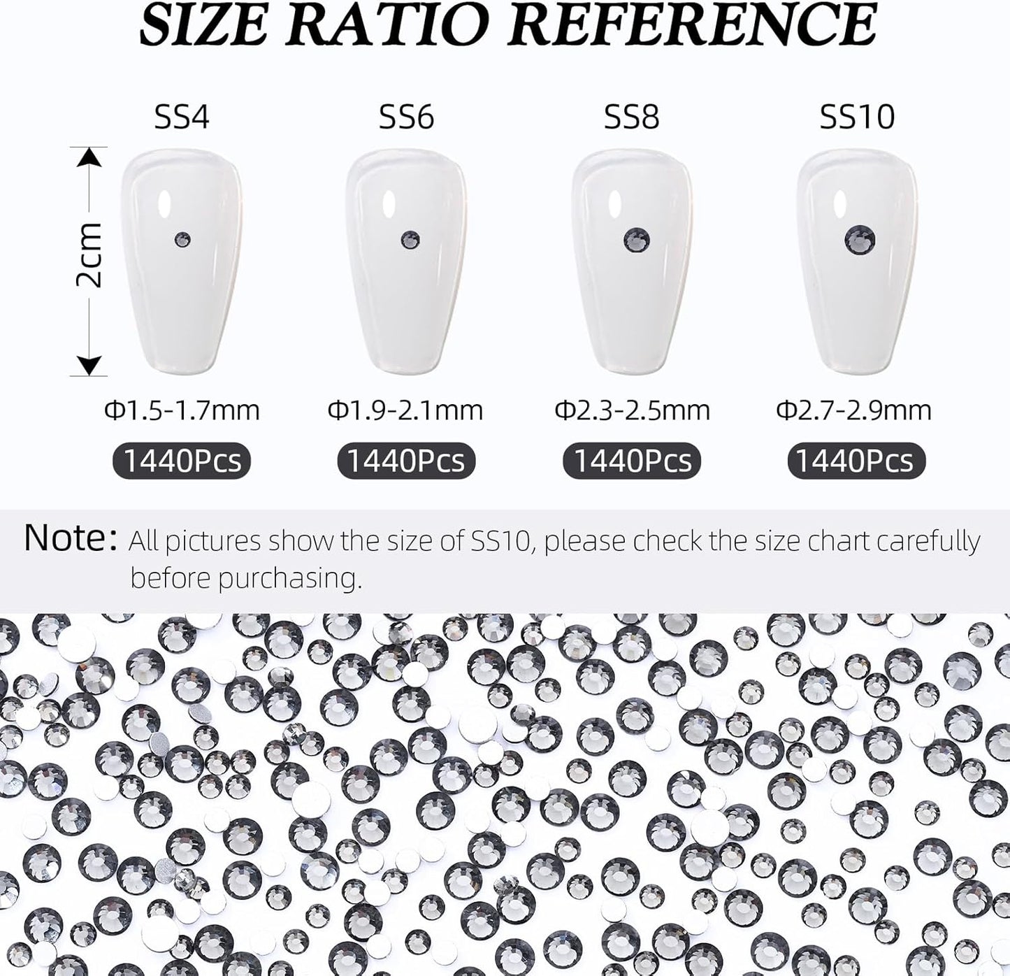 Gray Flatback Rhinestones, Glass Rhinestones for Nail Art and Craft, Glue Fix, Loose Crystal Gemstones(Gray, SS10, 1440pcs, 2.7-2.8mm)