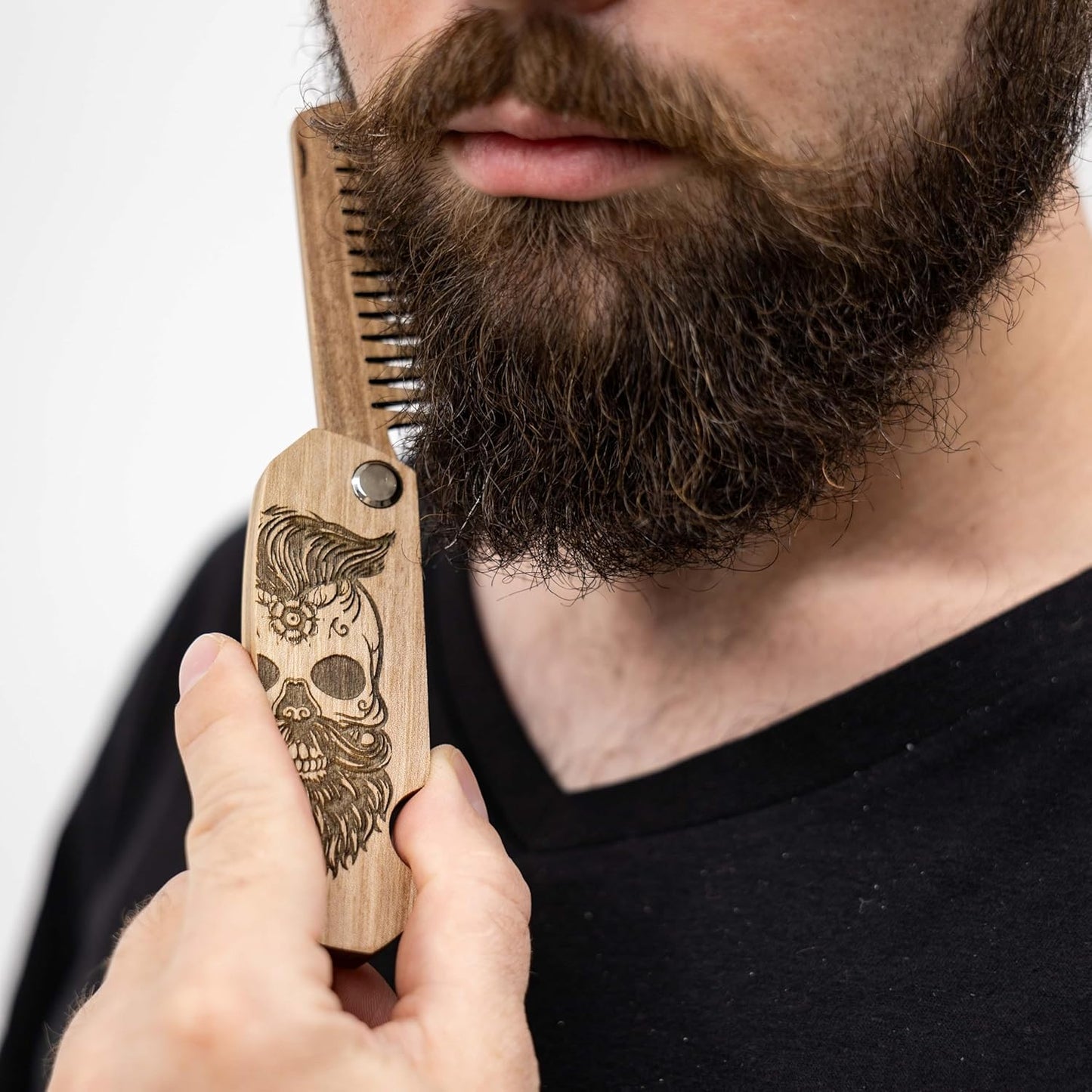 Enjoy The Wood Beard Comb for Men, Folding Pocket Beard Accessories for Men, Engraved Walnut Wooden Comb for Moustache, Beard & Hair For Him (Half Skull)