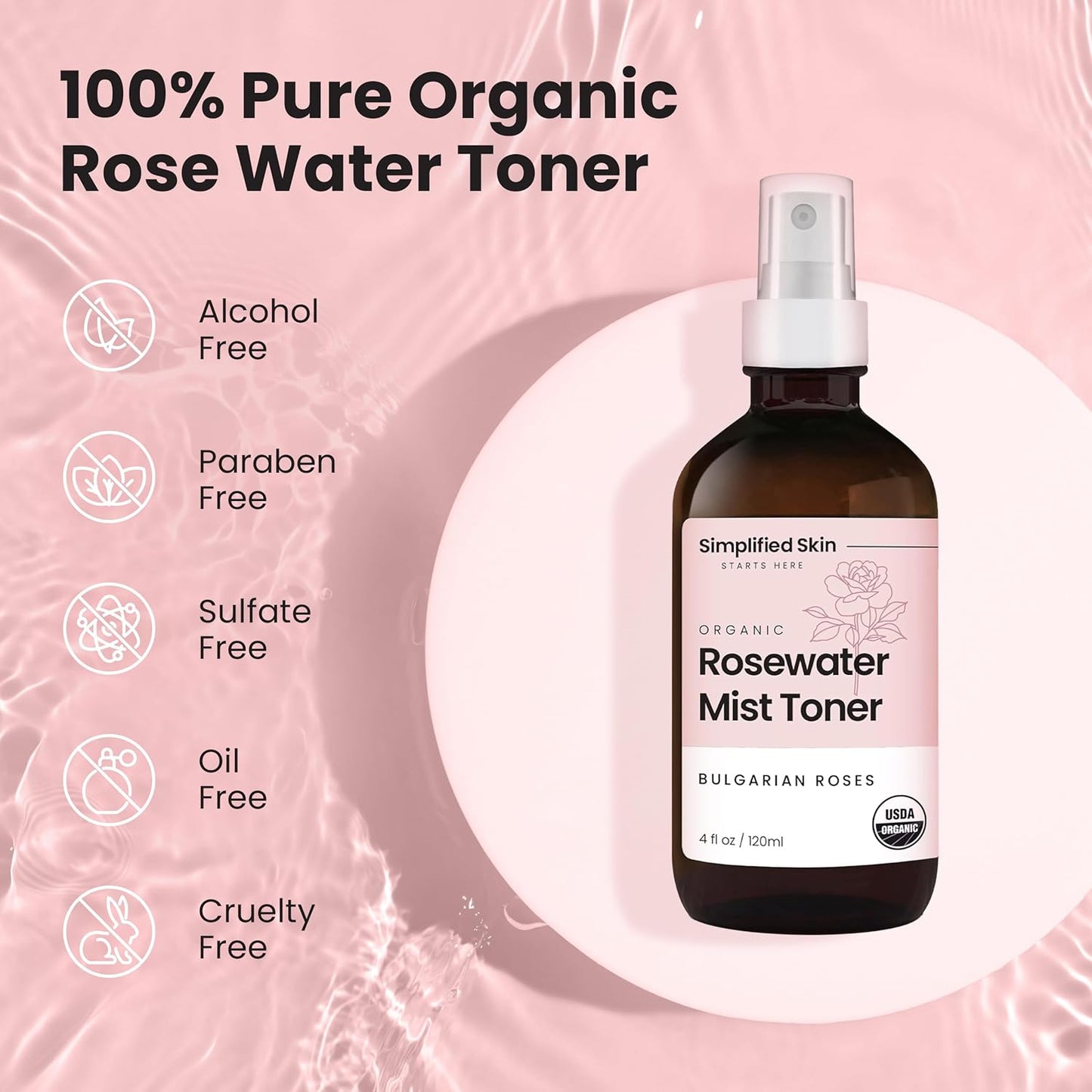 Rose Water Spray for Face & Hair – Pure USDA Organic Rosewater Toner – Refreshing Mist for Skin Care, Makeup & Locs – Natural Rose Scent, 4 Oz (3 Pack)
