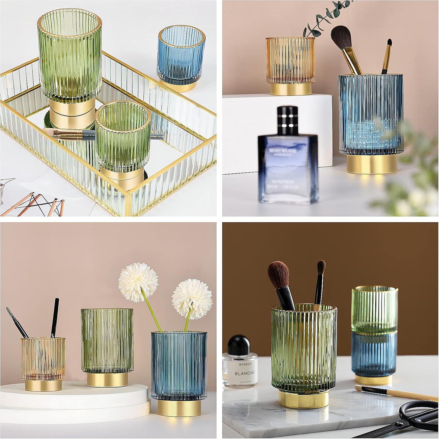 DASITON Makeup Brush holder Organizer, Crystal Cosmetic Makeup Brush Glass Brushes Storage Holder, Vintage Make Up Brush Cup Pen Pencil Holder striped vase(Green S+L)