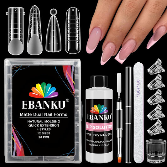 EBANKU Poly Gel Nail Forms - 96PCS Dual Forms for Builder Nail Extension, 4 Style 12 Size Dual Forms Set with 2.5oz Slip Solution, Brush, File, 5PCS Clips