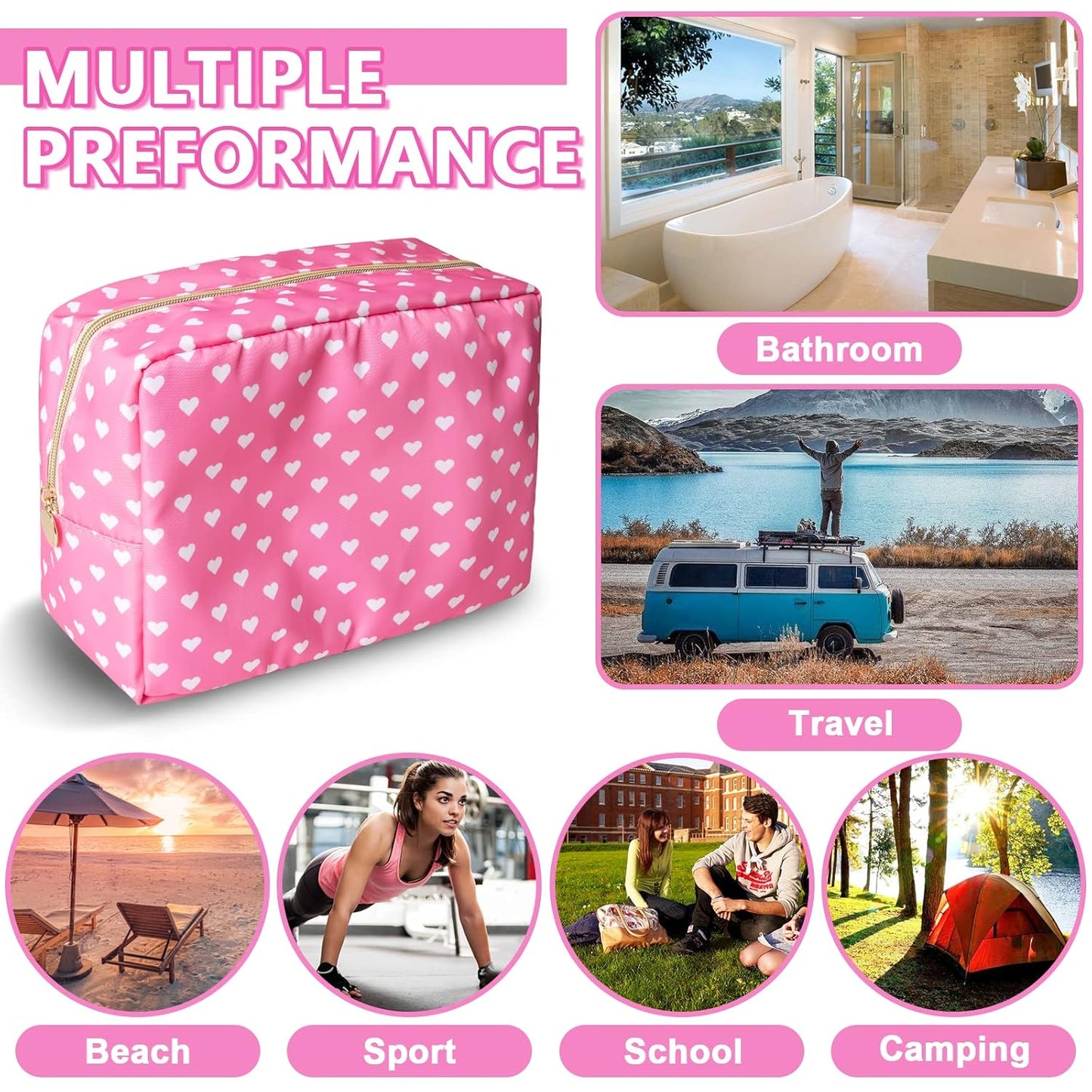 Large Makeup Bag Pouch, Nylon Women Travel Toiletry Storage Bag Preppy Cosmetic Bag for Girls, Big Makeup Organizer Bag Cute Zipper Pouch Skincare Bag for Sport School Work Gift(Large-Pink Heart)