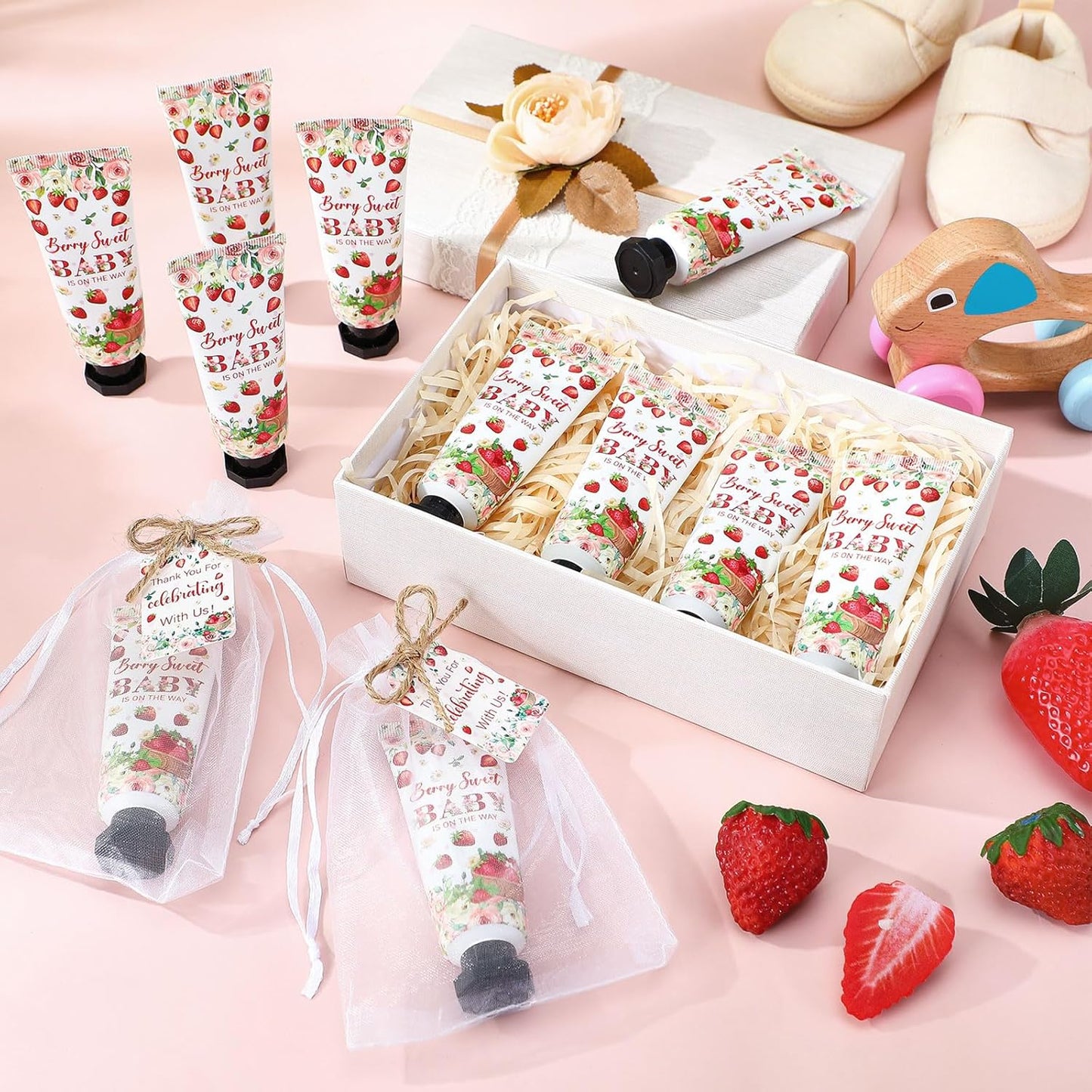 48 Sets Strawberry Hand Cream Gifts Baby Shower Party Hand Cream Favors for Guests Berry Sweet Baby Is on the Way Gift Bulk Travel Size Hand Lotion Set for Guest