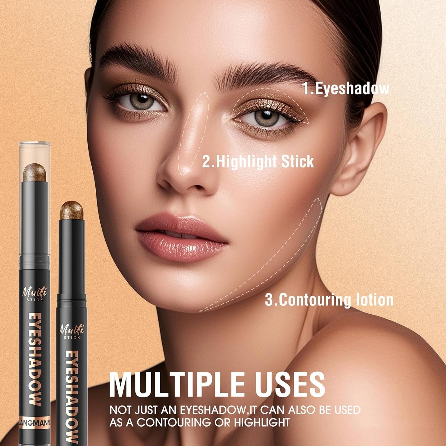 LANGMANNI 8Colors Dual-Ended Eyeshadow Stick Set – Silky Smooth, Waterproof & Transfer-Proof, Built-in Blender Brush, All-Day Matte & Shimmer Wear Eye Makeup(#B)