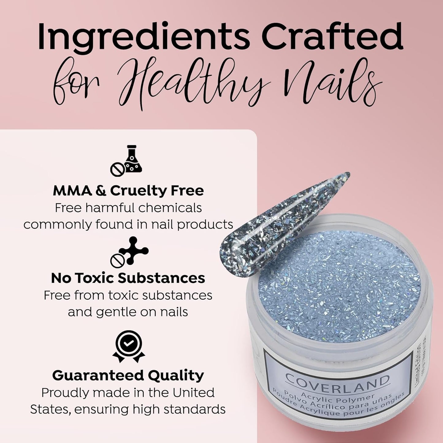 Tones Coverland Acrylic Nail Powder "Crushed Silver" - Limited Edition Acrylic Powder for Nail Design, Sculpting, and Masking Nail Bed Imperfections - Professional Acrylic Nail Supplies - (1.5 Oz)