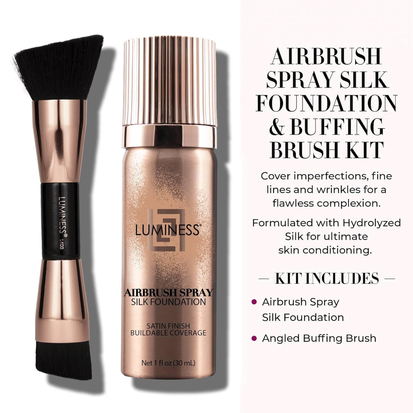 LUMINESS Silk Airbrush Spray Foundation 2-PC Kit - Foundation & Dual-Sided Angled Makeup Brush - Buildable Coverage, Anti-Aging Formula, Humidity Resistant, Hydrates & Moisturizes, Medium Warm