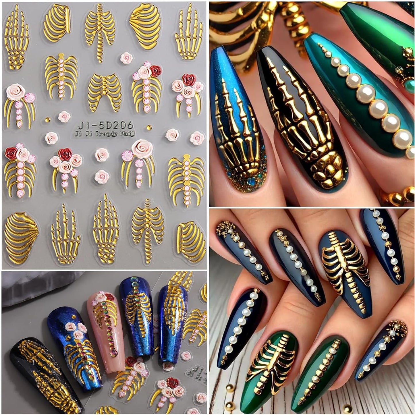 5 Sheets Halloween Nail Art Stickers Decals 5D Nail Decals Gold White Bone Pattern Sticker Self-Adhesive Skull Nails Supplies Accessories 3for Women Halloween Nails DIY Decoration