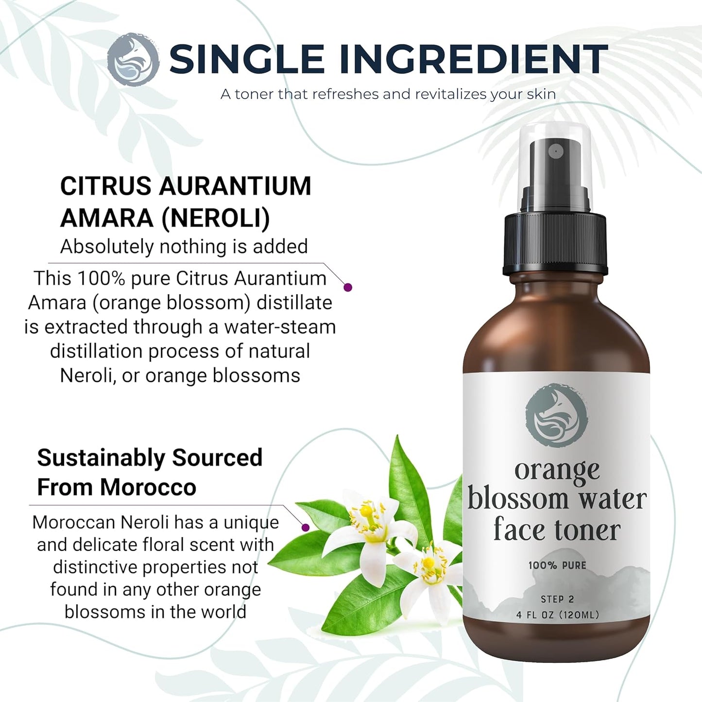 Orange Blossom Water Face Toner - Alcohol-Free Daily Facial Toner Spray 100% Natural for Sensitive Skin Acne and Breakouts - Best to Tone Tighten and Clear Pores - 120mL/4.oz by Foxbrim