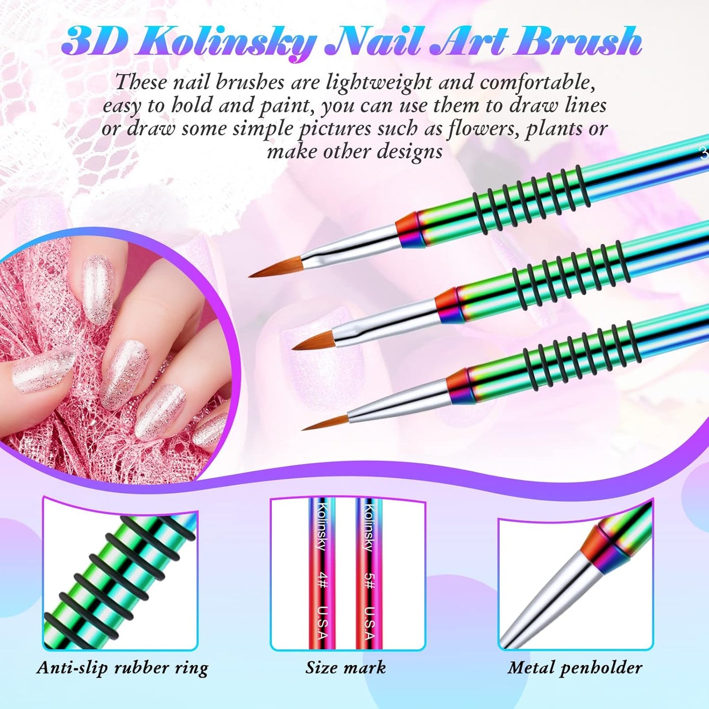 Patelai 3 Pcs Kolinsky 3D Nail Art Brush Set for Acrylic Powder Sculpture Nail Art Brush Size 2/4/5 with Rainbow Metal Nonslip Grip Handle for Acrylic Powder Application