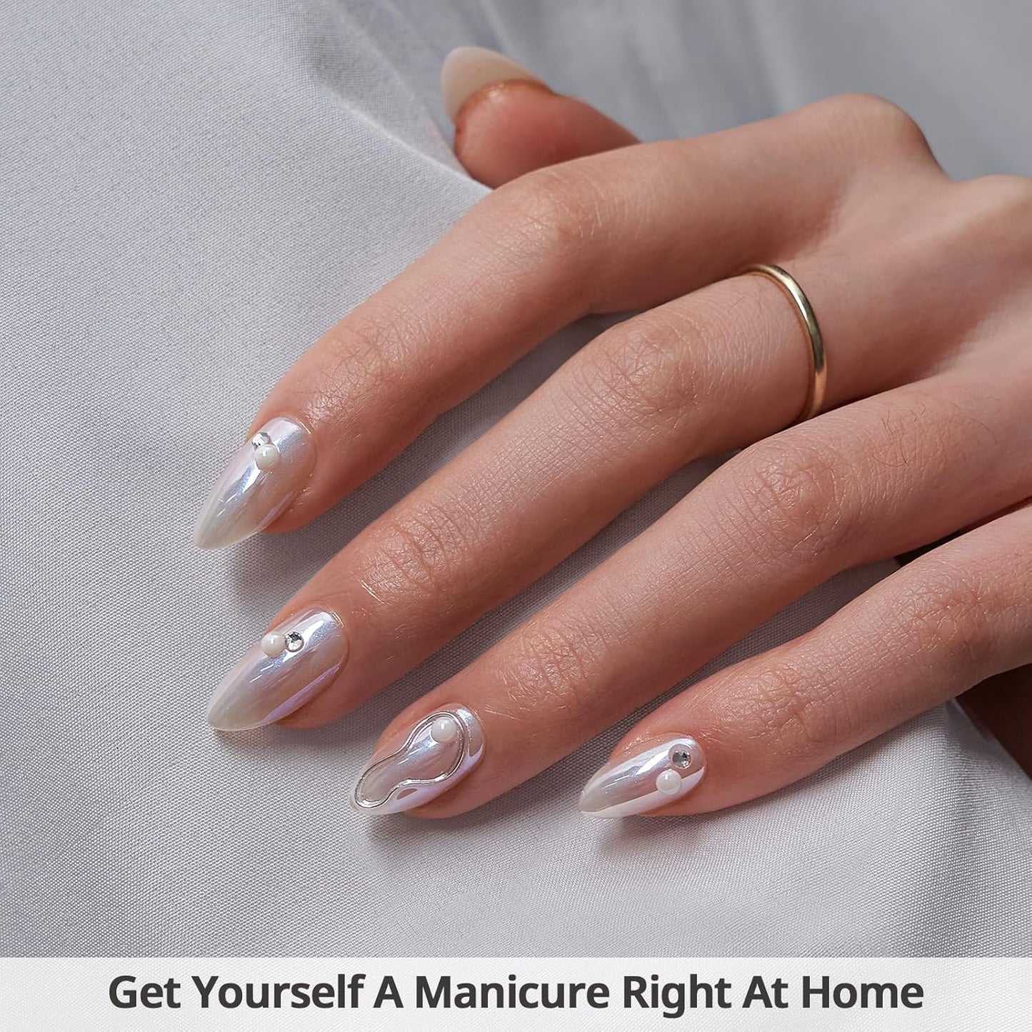 BTArtbox Press On Nails Short - Pearl Accents Chrome Almond Press On Nails with Glue for Women, Opaque Soft Gel Glue On Nails in 16 Sizes - 32 Stick On Nails Kit, Tidal Pearl