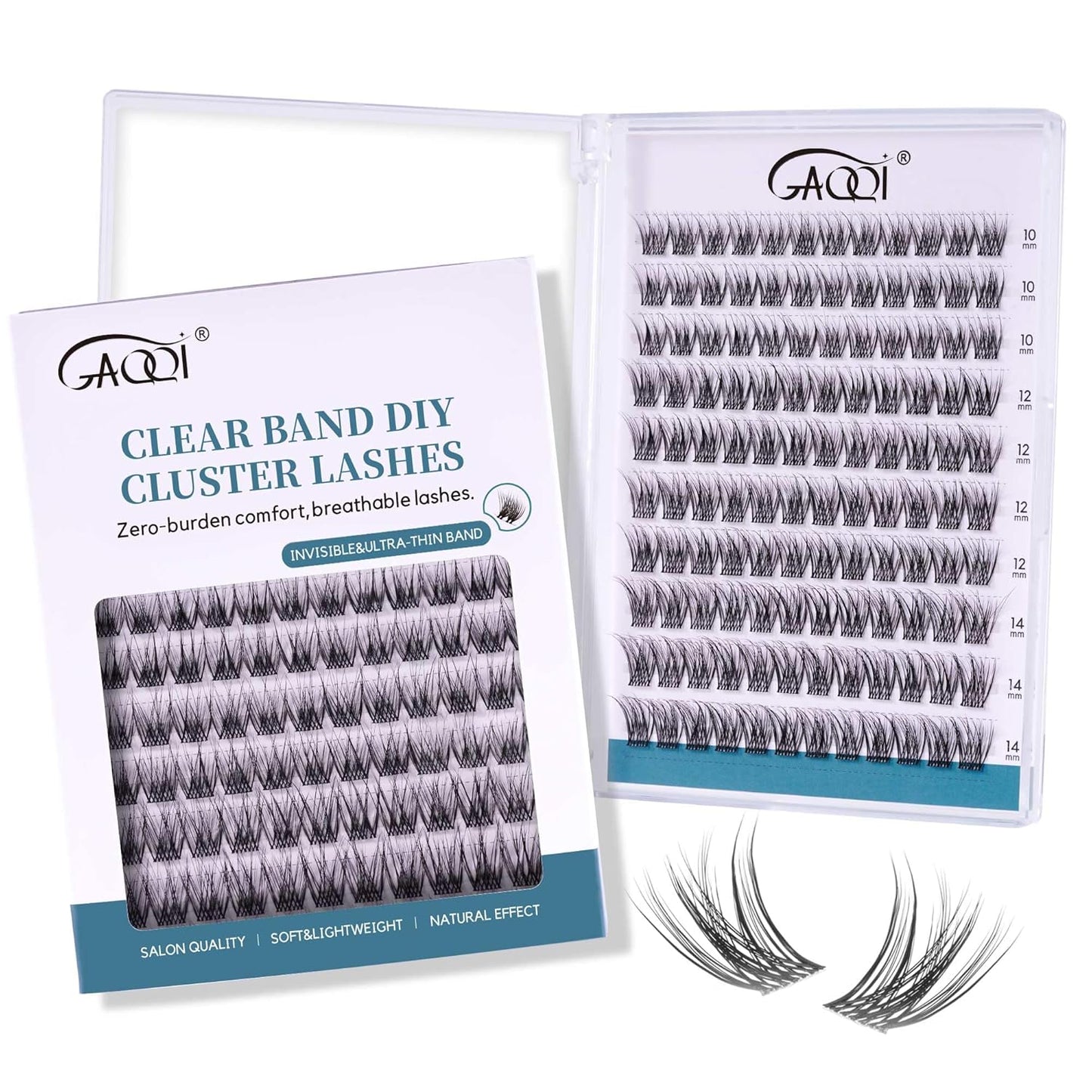 GAQQI Lash Clusters Wispy & Natural Eyelash Clusters Clear Band, 10-14mm Cluster Lashes 120PCS, Cluster Eyelash Extensions C Curl, Cluster Lashes Ultra-thin & Soft Invisivle Band (FEATHER)