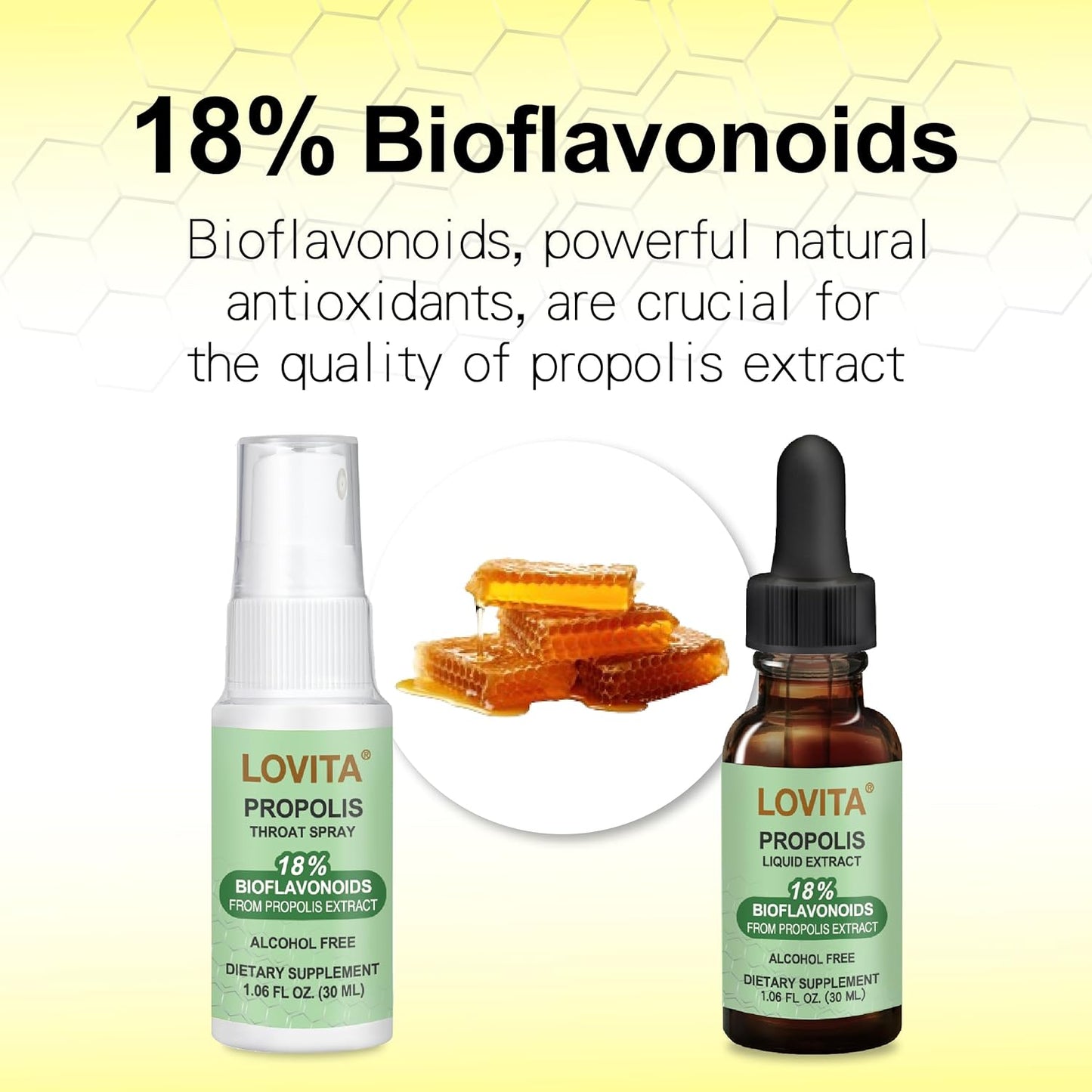 Lovita Bee Propolis Throat Spray, 18% Bioflavonoids, Alcohol-Free, Immune Support, Throat Soothing, Antioxidant, Gentle Taste, 1 Fl Oz (Pack of 3)