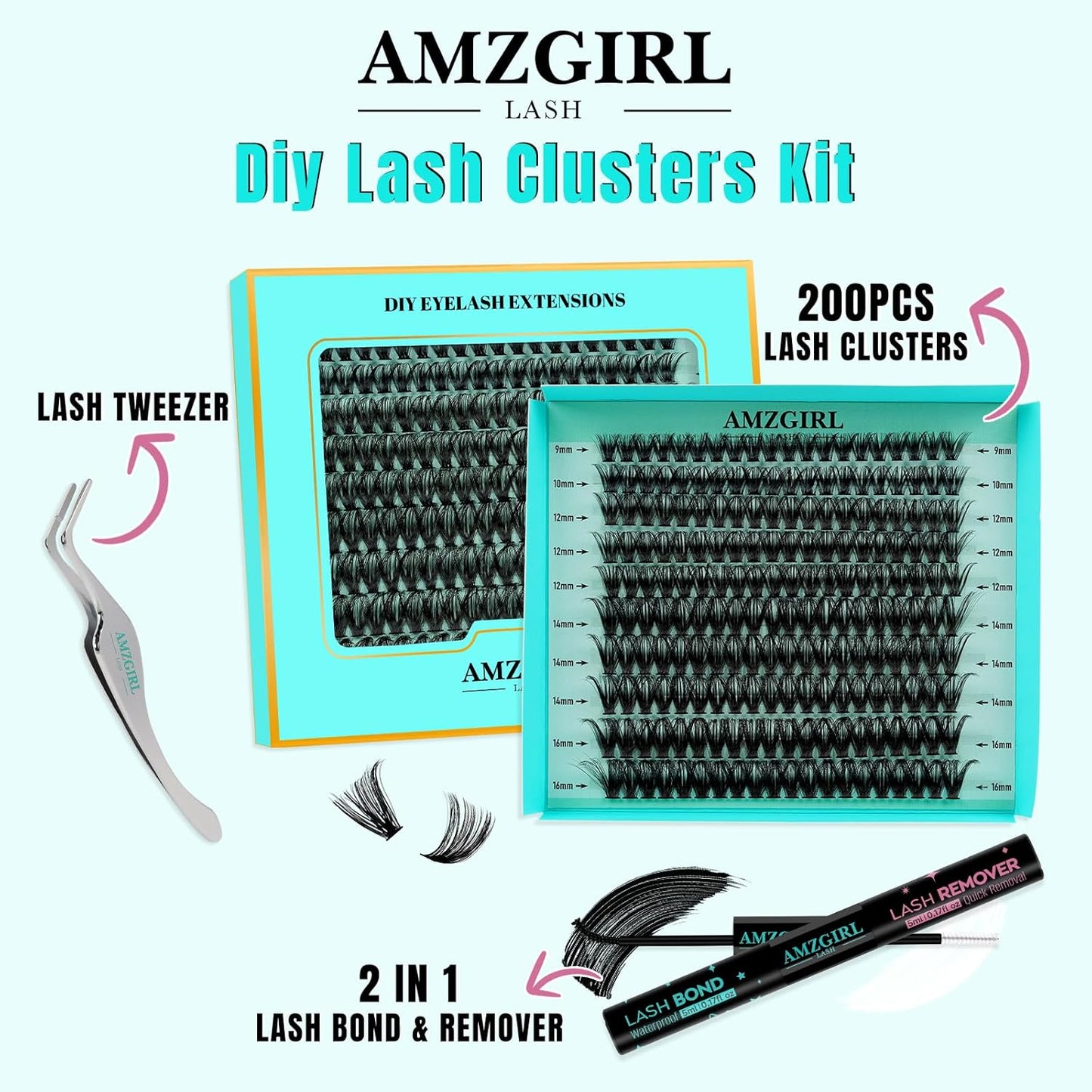 Lash Extension Kit 200PCS Lash Clusters Mix Eyelash Extension Kit with Waterproof Lash Bond and Remover,Individual Lashes with Lash Tweezers for Beginners at Home(60D,D-Mix9-16mm)