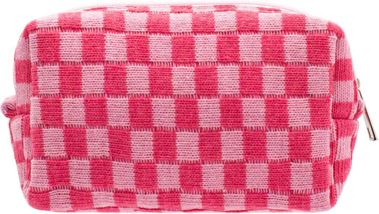 PAZIMIIK Checkered Makeup Bag for Purse Portable Zipper Make Up Pouch Small Cosmetic Case for Travel Accessories (Hotpink)