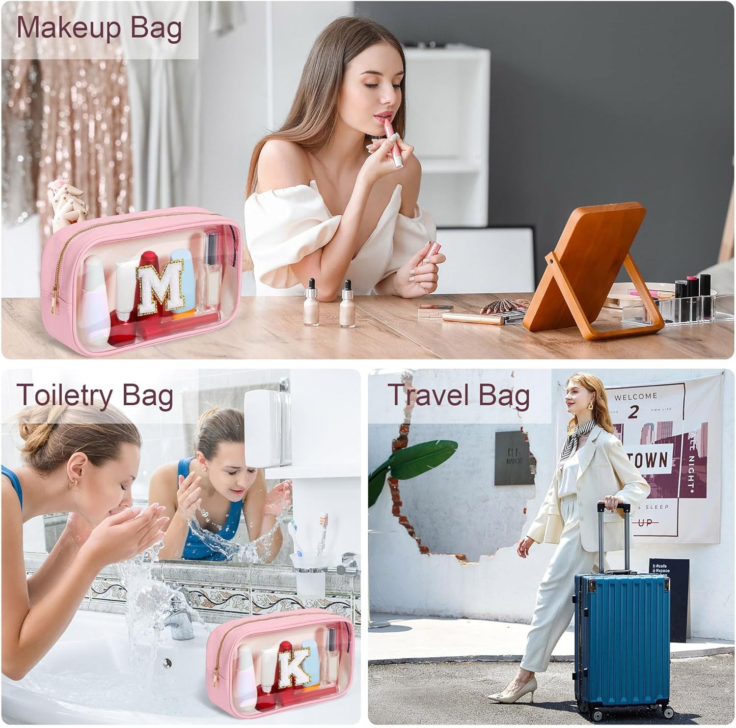 YOOLIFE Birthday Gifts | Initial Travel Essentials Makeup Bag, Clear Toiletry Bag Pouch Cosmetic Bag Case Large Makeup Bag Personalized Pink Birthday Gifts for Women Teacher Mom Teen Friends J