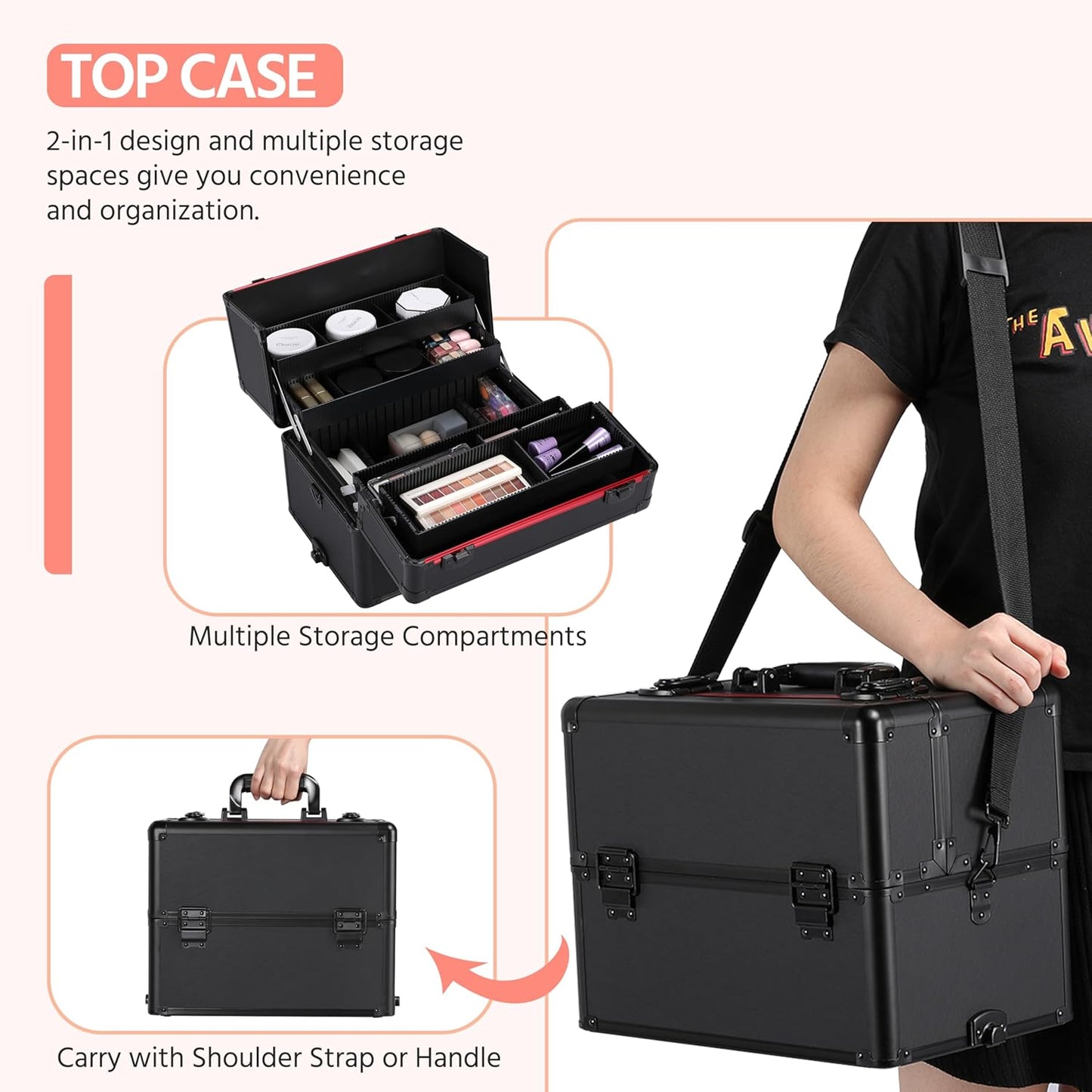 Yaheetech Makeup Train Case 3 in 1 Professional Cosmetic Trolley Multi-Functional Organizers Large Storage Traveling Cart Trunk for Nail Tech - Black