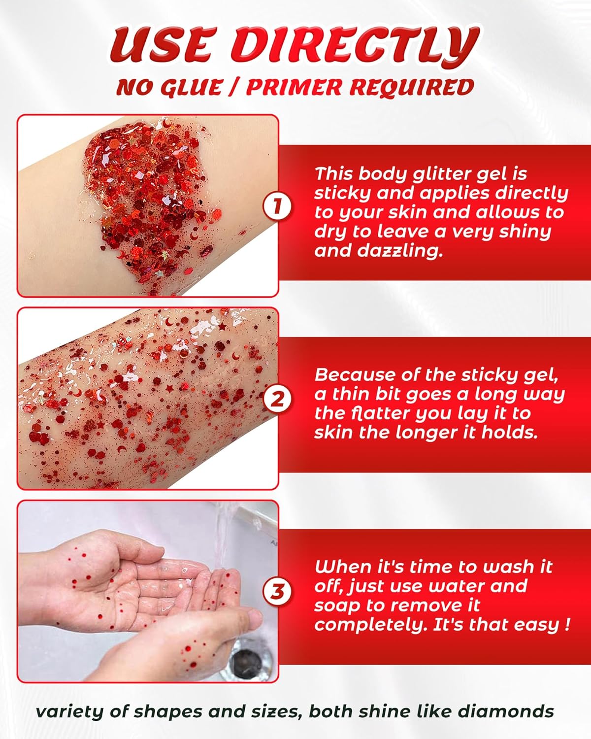 6PCS Red Face Body Glitter Gel，Holographic Chunky Sequins Body Glitter Paint for Party Singer Concerts Music Festival Rave Accessories for Girls Women Face Body DIY Sparkling Makeup