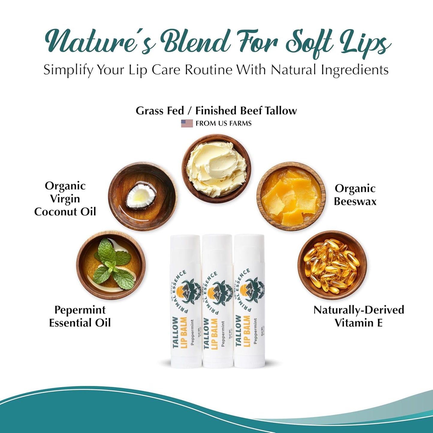 Moisturizing Tallow Lip Balm – Grass-Fed Beef Tallow with Organic Coconut Oil, Beeswax, and Vitamin E – Peppermint – Lip Balm Set – Travel Essential – 3-Pack