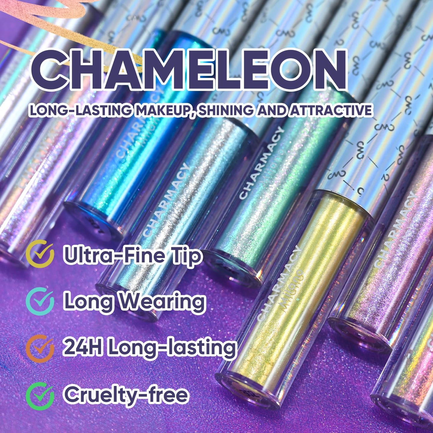 CHARMACY Chameleon Liquid Eyeliner, Liquid Glitter Eyeliner, Highly Pigmented, Metallic MultiColor Shifting waterproof Eyeliner, Ultra-Fine Tip, Longwearing, Smudge-proof (#304)