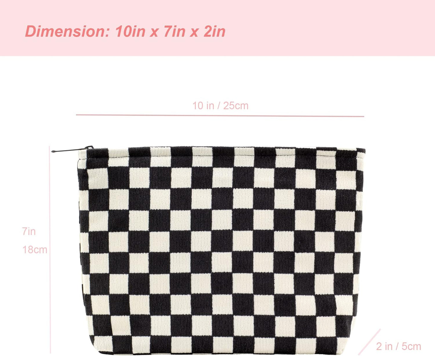PAZIMIIK Makeup Bag Large Zipper Corduroy Make Up Pouch for Purse Travel Canvas Cosmetic Organizer for Women Brush Storage,Checkered Black
