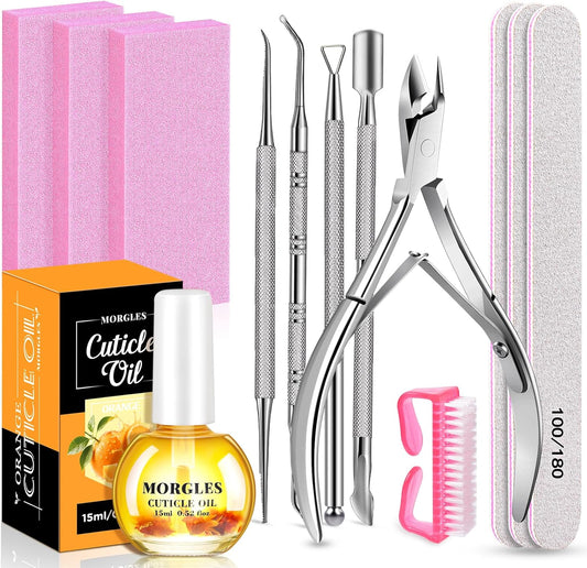 MORGLES Cuticle Remover Tools, Nail Files and Buffers Set with 1 Orange Cuticle Oil, Trimmer and Pusher, Nail Care Kit for Women