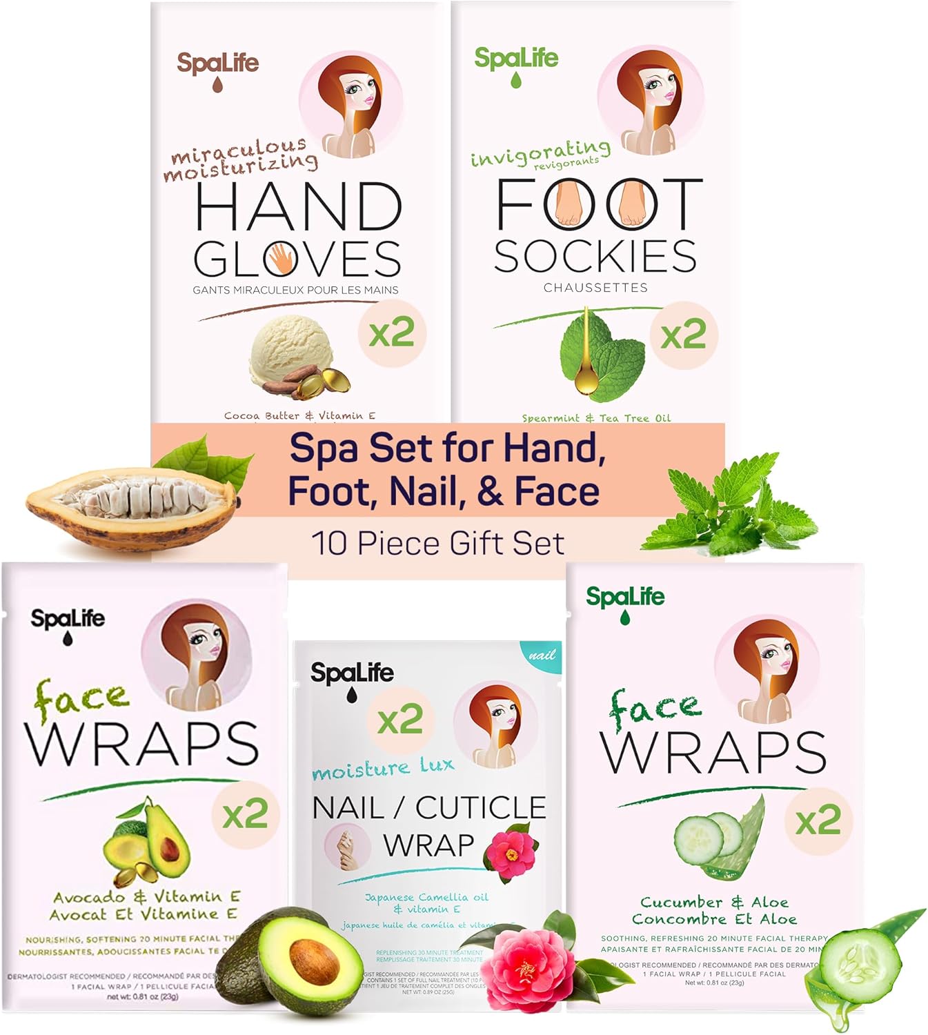 SpaLife Pink 10 Piece Spa Gift Set - Korean Skin Care Set with Travel Size Face, Hand, Foot & Nail Products - Skincare Bundle for Women