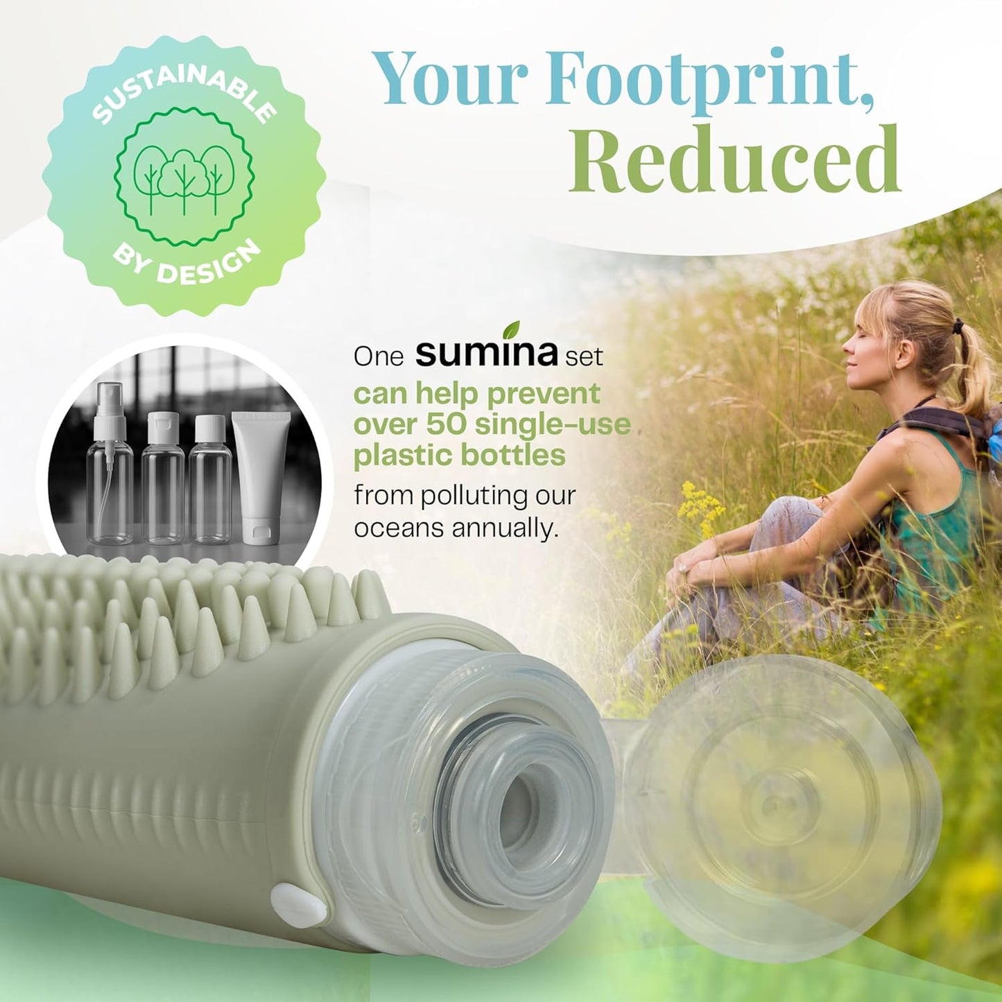 Sumina Silicone Travel Bottles 3 Pack (3.4oz) – TSA-Approved Leak-Proof Toiletry Containers with 2-in-1 Built-In Exfoliating Scrubber – Refillable for Travel, Gym & Skincare