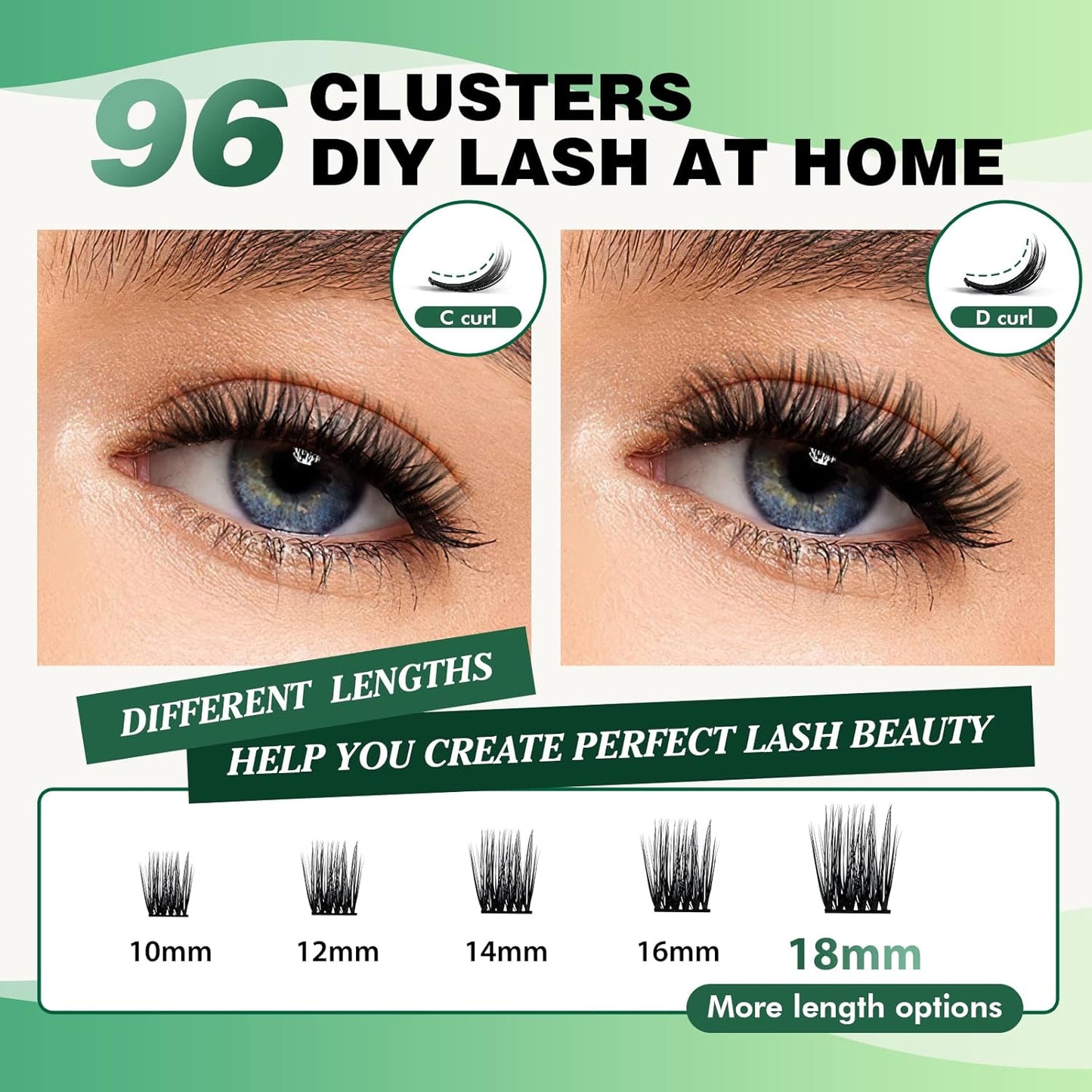 Lash Clusters 96pcs Individual Lashes D Curl 16mm Cluster Lashes KEYYOU Volume Wispy Lash Extension Soft&Comfortable Easy DIY at Home(Y12 D-16mm)