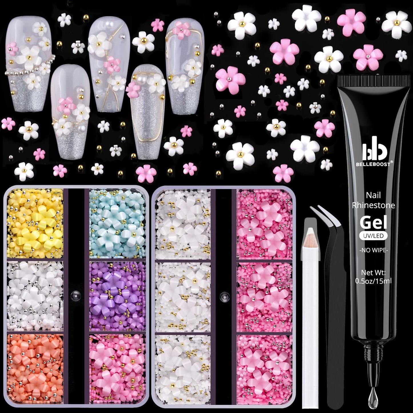 3D Flowers, Manicure Kit with Nail Rhinestone Glue Gel, Colorful Acrylic Flower Nail Charms with Caviar Beads, Rhinestones for Nails with Gem Glue for Nails (UV/LED Needed) with Dotting & Pickup Tools