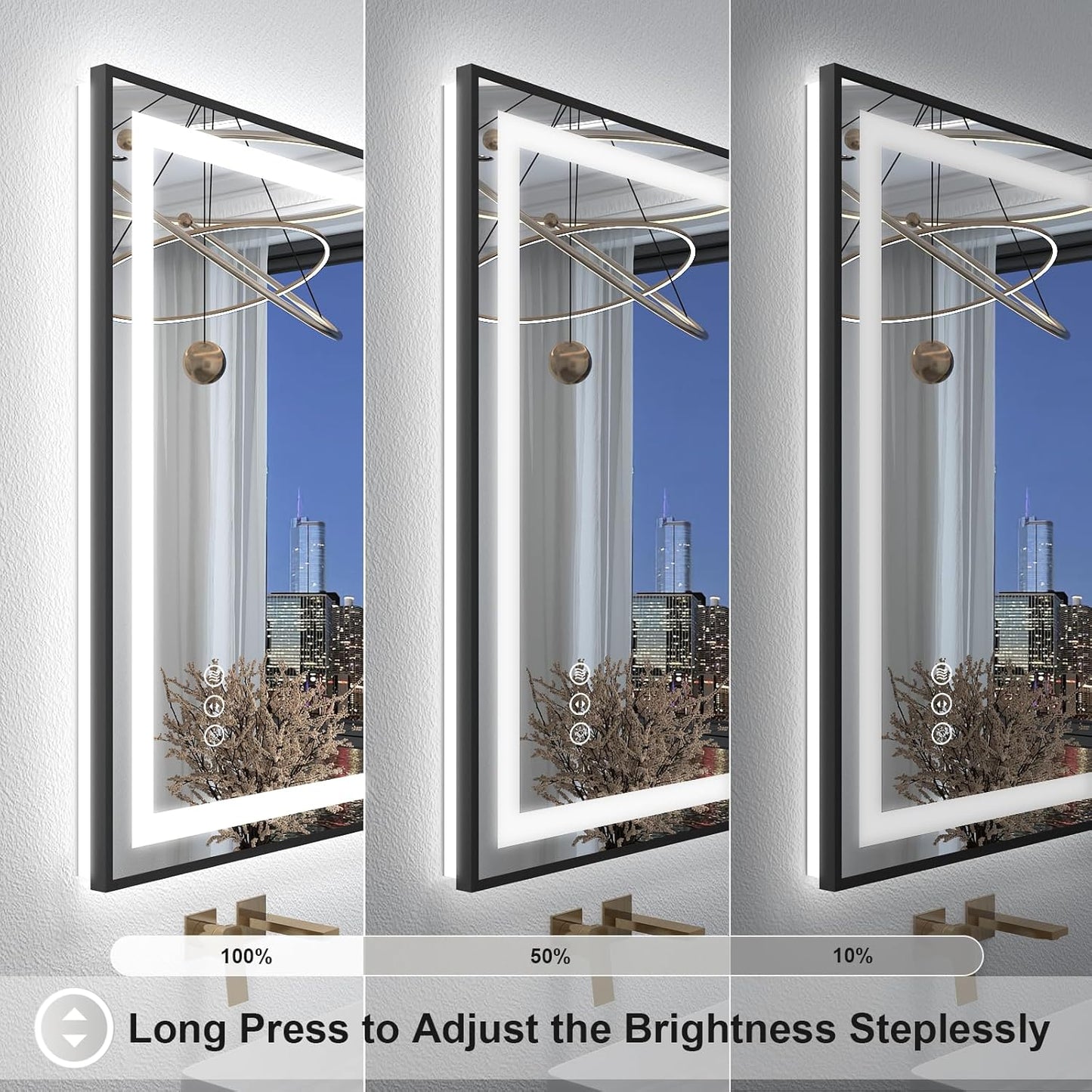 OKPAL 50x40 Black Lighted Mirrors for Bathroom Wall, Framed LED Bathroom Mirror, Defogger, Dimmable, Shatterproof, Memory, 3 Colors, ETL Listed (Front Light and Backlit)