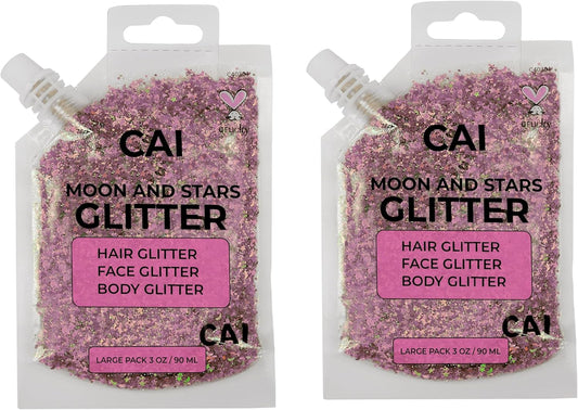 Face, Body & Hair Glitter Gel – Halloween Glitter for Kids and Women – 3 Oz Cosmetic-Grade Gel w/Moon & Stars for Festivals & Halloween Party, Easy Apply & Wash Off - Rose 2Pack