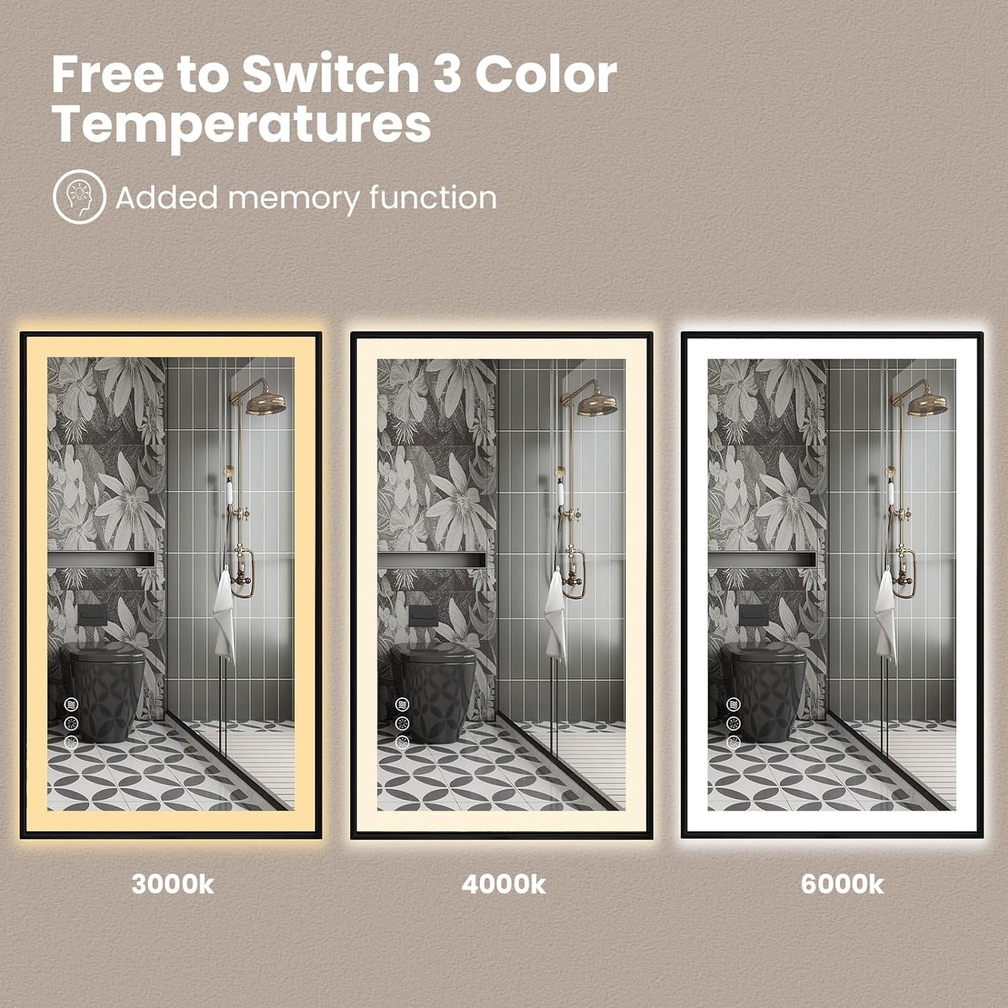 Amorho 55" X36" LED Bathroom Mirror with Black Frame, Front Light and Backlit(Controlled Separately), Stepless Dimmable, Anti-Fog, Shatter-Proof, 3 Colors, Memory