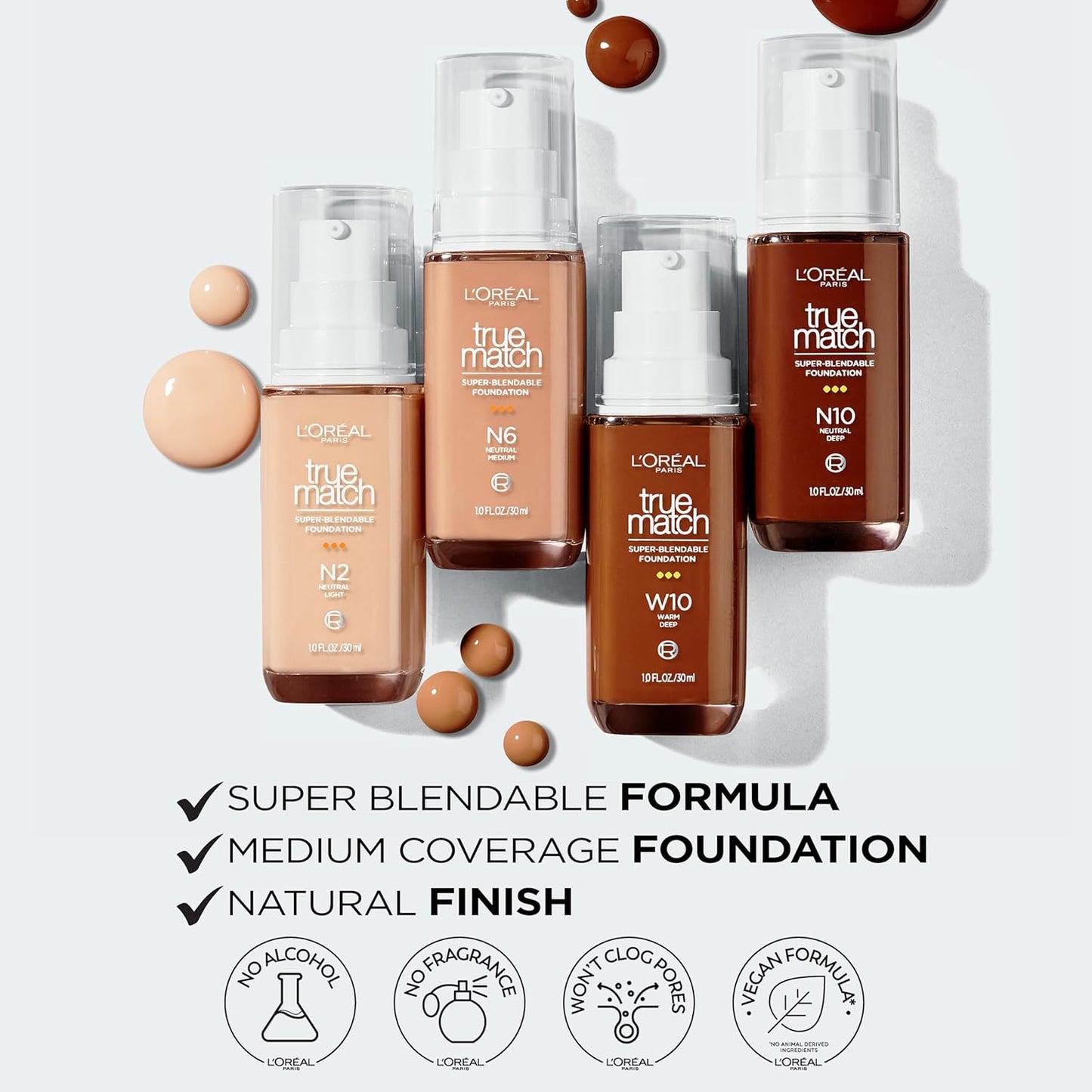 L'Oreal Paris True Match Super-Blendable Foundation, Medium Coverage Liquid Foundation Makeup, C0.5, Light, 1 Fl Oz