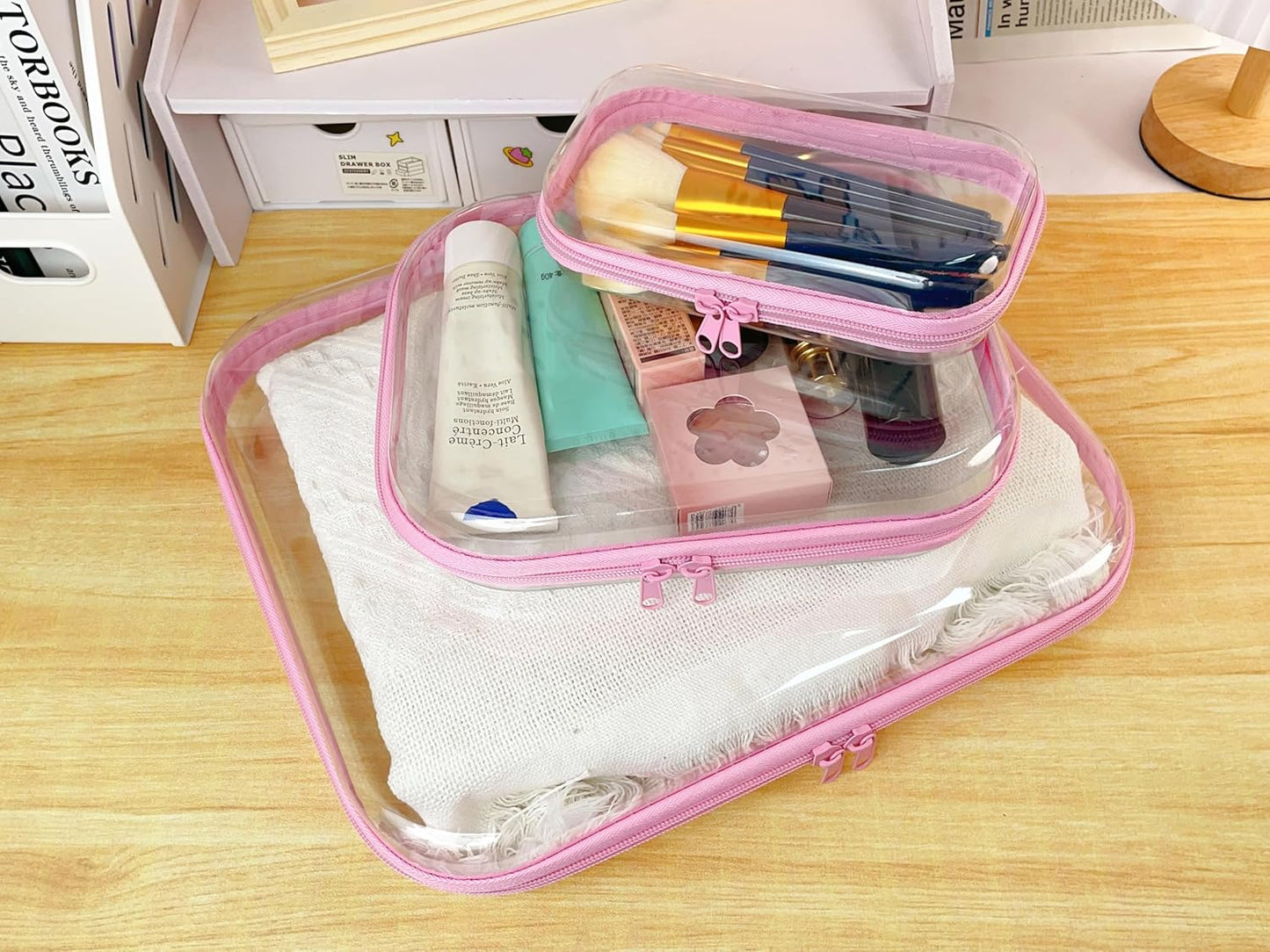 3PCS Clear Zipper Cases, Portable Clear Organizer Pouches for Travel, Double Zippered Hard Shell Plastic Case, Cosmetic Bag for Make Up Tools, Toiletries, Toy Storage (Pink, 1 Pack)