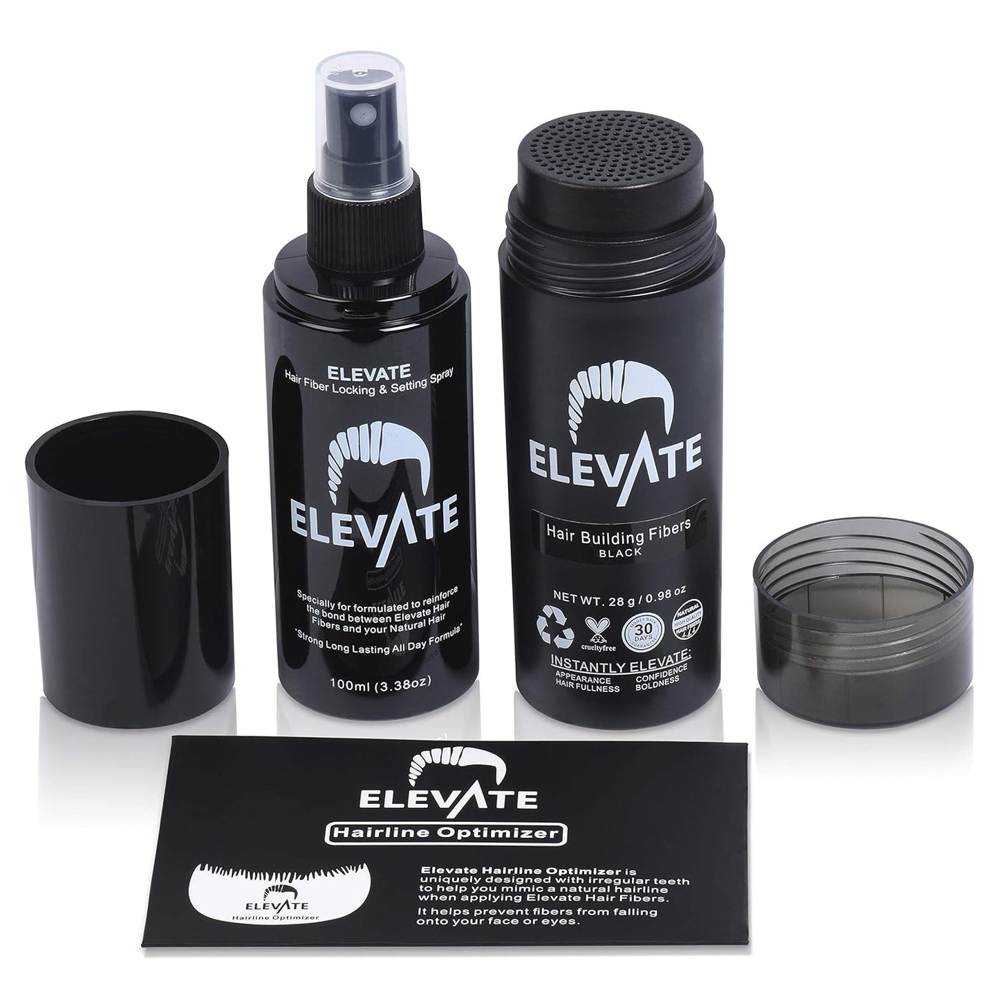 Elevate Hair Building Fibers 3-in-1 Kit for Thinning Hair (Black) Keratin Hair Thickening Powder with Fiber Lock Spray & Hairline Optimizer Comb - Instant Hair Concealer Waterproof for Men & Women
