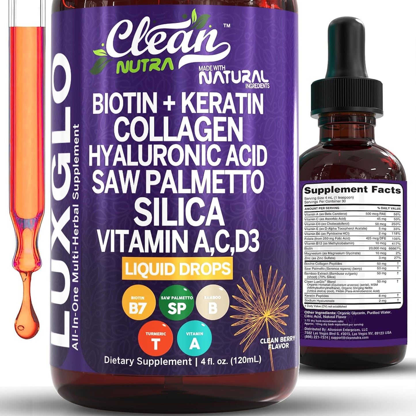 Biotin Liquid Drops Collagen Keratin Hyaluronic Acid Saw Palmetto for Hair Skin and Nails Silica Vitamin A C Vitamin D Bamboo Turmeric Zinc Folate Magnesium Horsetail LuxGlo by Clean Nutra