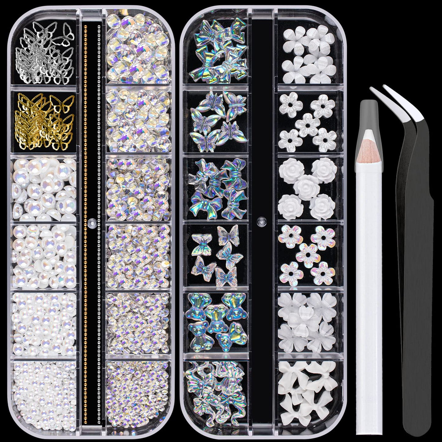 Mixed 3D Nail Art Gem Decoration Accessories Kit #7, Aurora Bear Bow Butterfly Starry AB Rhinestone Charm Jewelry for Deco, Pearl Flower Caviar Bead Stone Crystal with Pickup Pencil and Tweezer