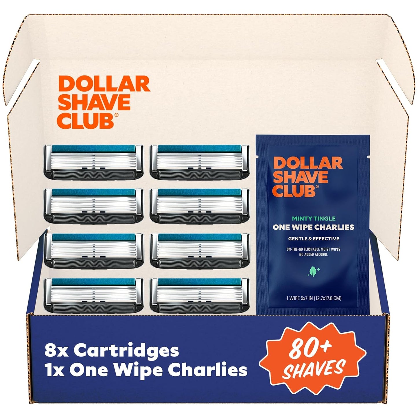 Dollar Shave Club | 6 Blade Razor Refills (8 Pack) | 6 Stainless Steel Blades for a Close & Comfortable Shave, 1 One Wipe Charlies