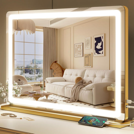Gold Vanity Mirror with Lights, 32" x 22" Large Lighted Vanity Mirror with Dimmable 3 Modes, LED Makeup Mirror, USB Charging Port, Tabletop or Wall-Mounted