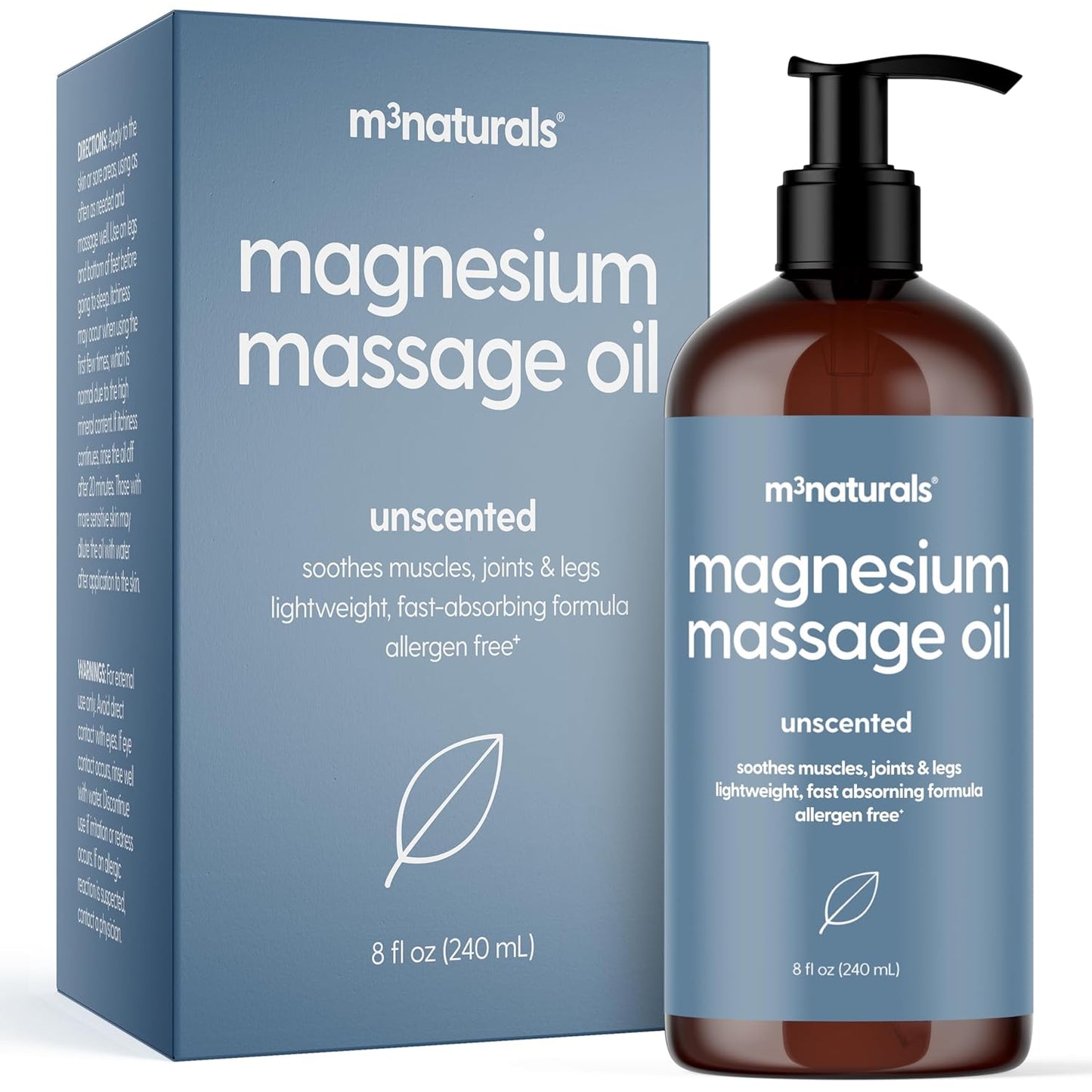 Unscented Magnesium Massage Oil for Sore Muscles, Feet, Joints and Leg Cramps, Helps with Sleeping and Post-Workout Recovery, Fragrance Free Formula for Sensitive Skin, 8 fl oz by M3 Naturals