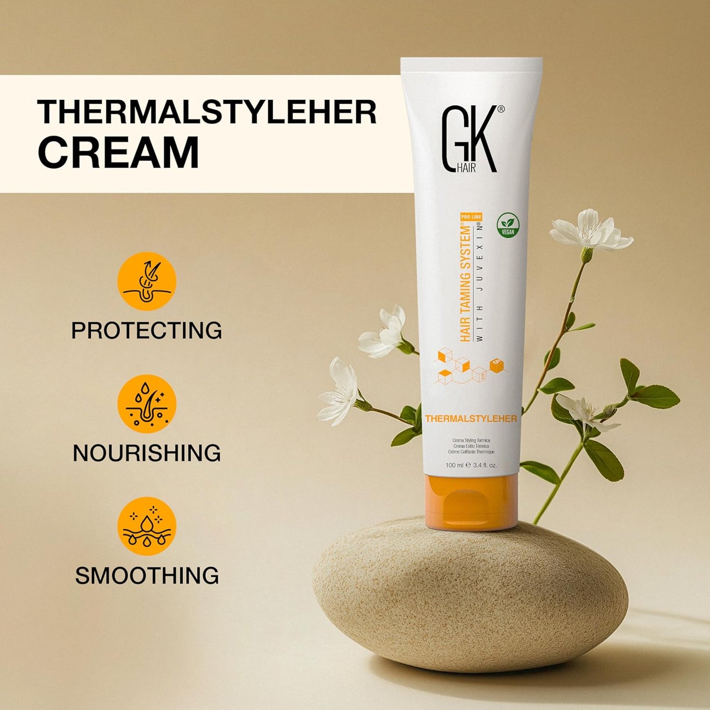 Global Keratin GKhair ThermalStyleHer - 100ml/3.4oz Heat Styling Protection Anti Frizz Hair Cream Thermal Flat Ironing Style Protector for Men & Women (3.4 Ounce)