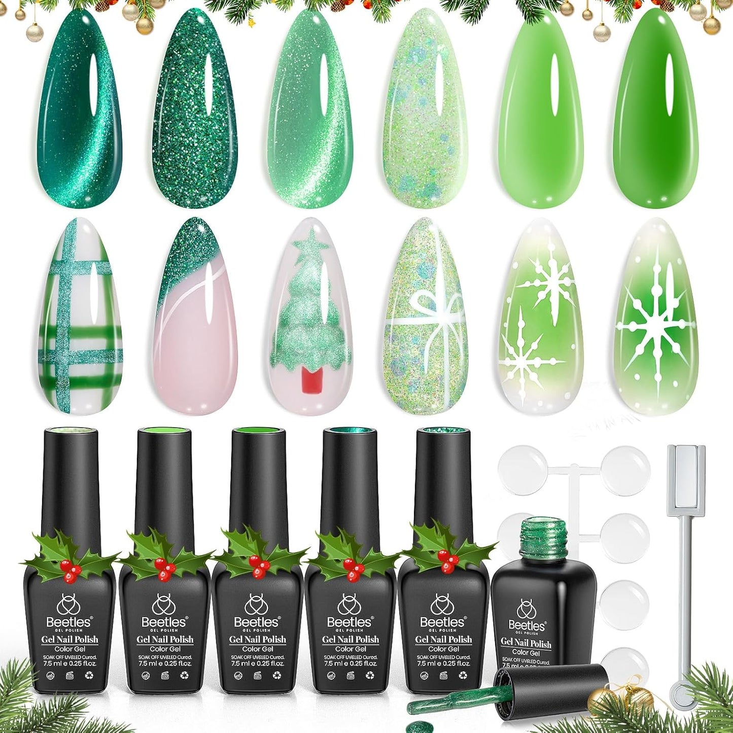 beetles Gel Polish Christmas Green Gel Nail Polish Set Cat Eye Jelly with Color Swatch Dots Magnet 6 Color Glitter Enchanted Forest Theme for Salon Manicure Nail Art DIY at Home Gift for Women Girls