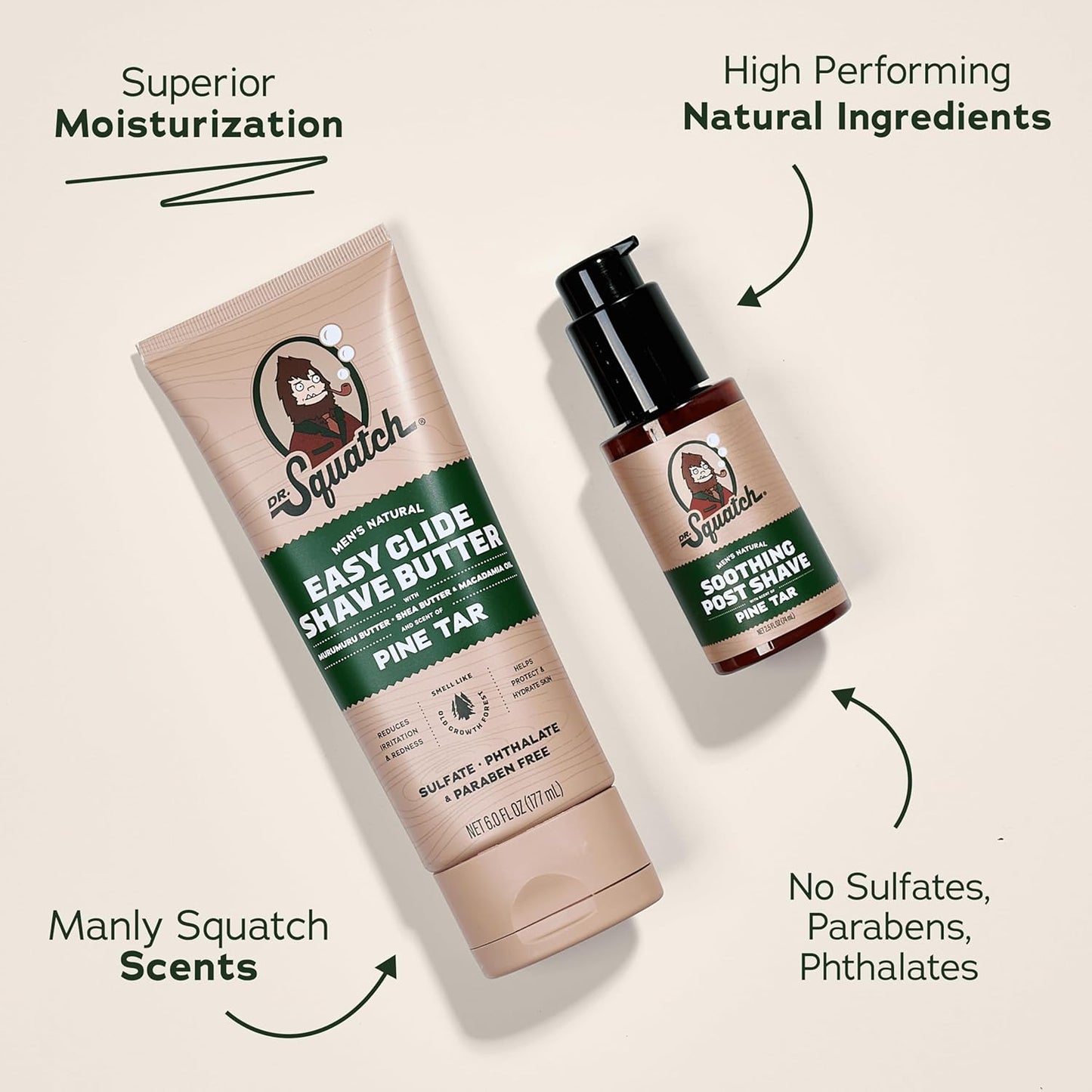 Dr. Squatch Pine Tar Smooth Shave Bundle - Easy Glide Butter + Soothing Post Shave - Natural Ingredients - Manly Fragrance - Moisturizing