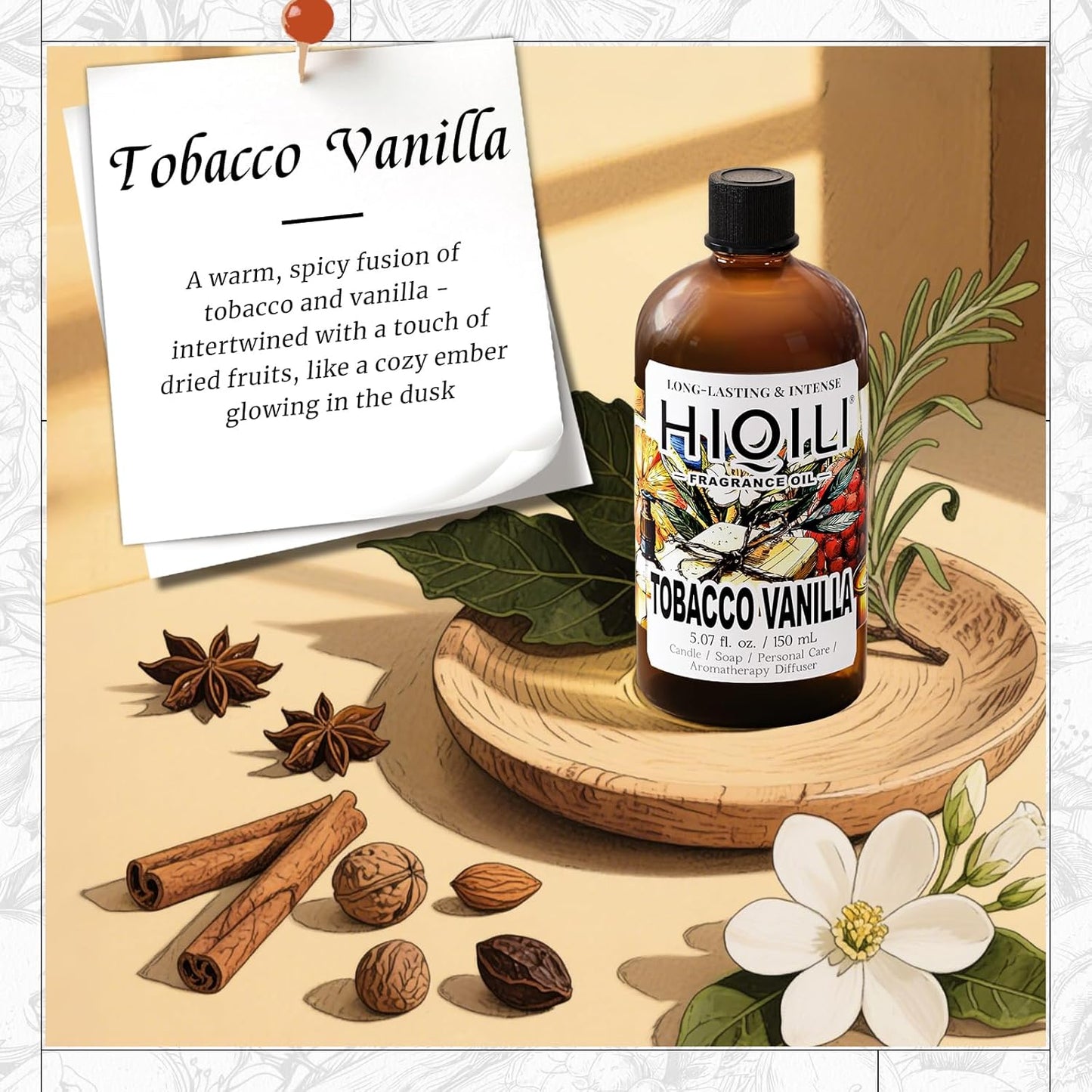 HIQILI Tobacco Vanilla Fragrance Oil for Diffuser, DIY Soap, Candle, Perfume Making, Long Lasting Rich & Spicy Scents - 5.07 Fl Oz