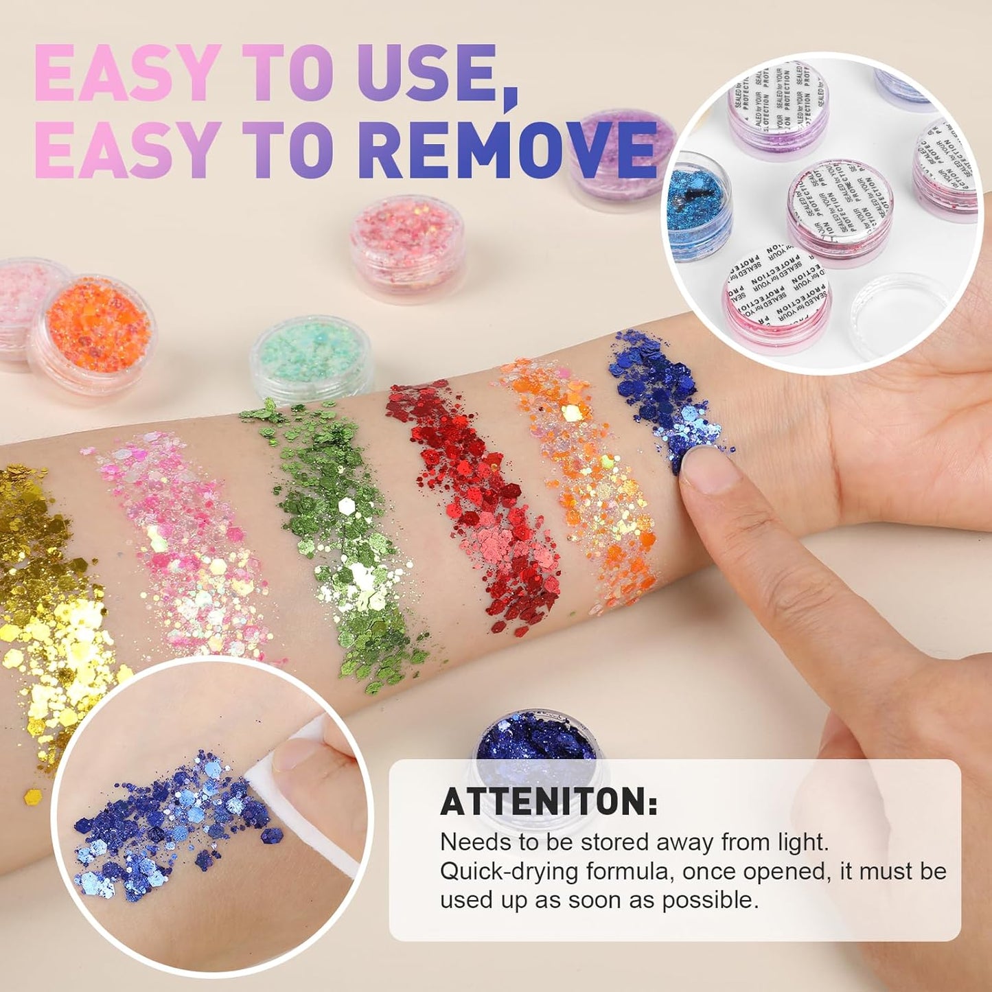 AROIC 40 Colors Body Glitter, Hair Glitter for Kids Women Makeup, Glow in The Dark, Eyeshadow Hair Gel Face Sparkles, Body Makeup for Festivals, Raves, Anime Cosplay, Concerts Festival Face Paint