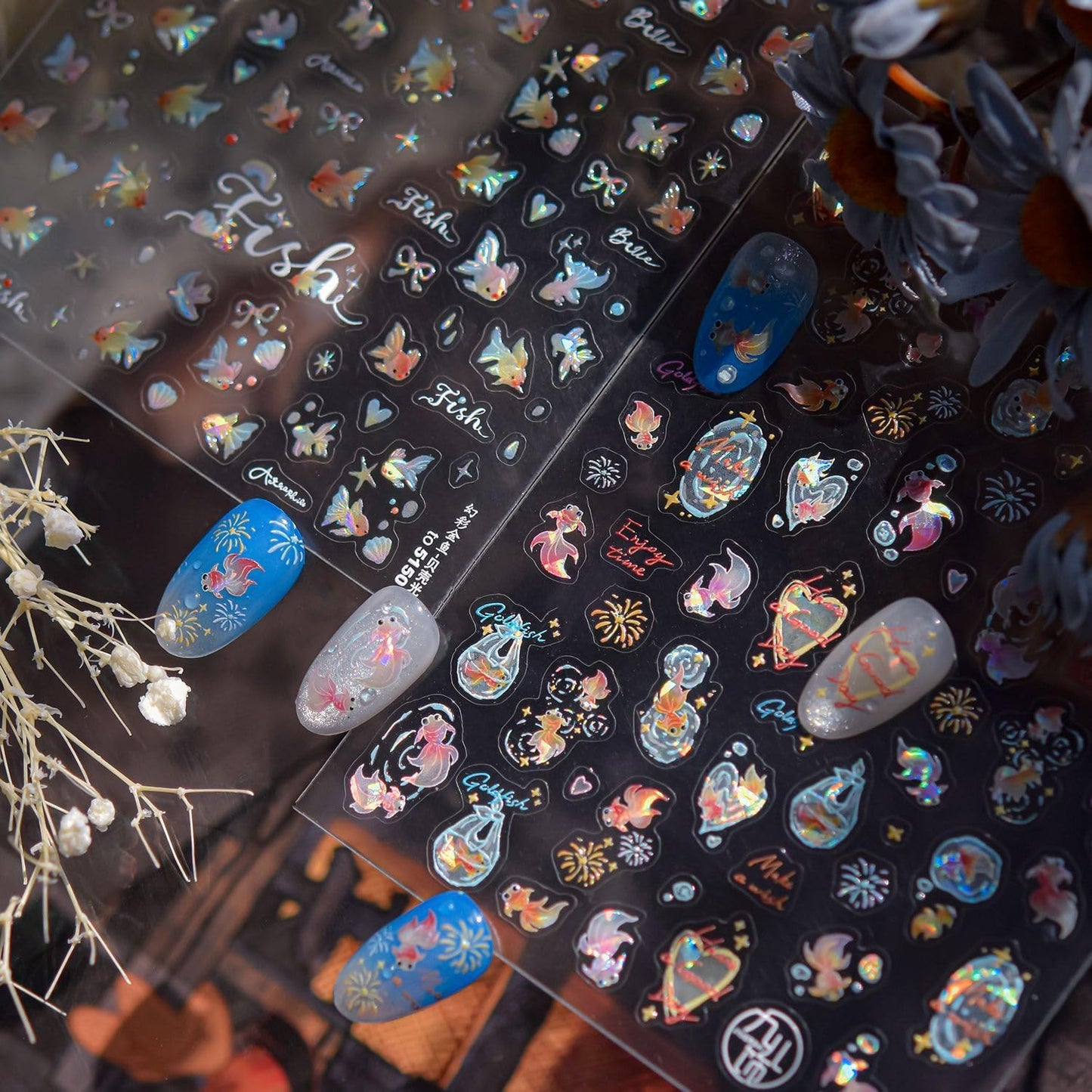 Goldfish Nail Art Stickers Sparkly Koi Fish Nail Stickers 5D Embossed Koi Lotus Leaf Chinese Style Manicure Decals Accessories Shell Adhesive Slider for Women Girls DIY Nail Art Decorations